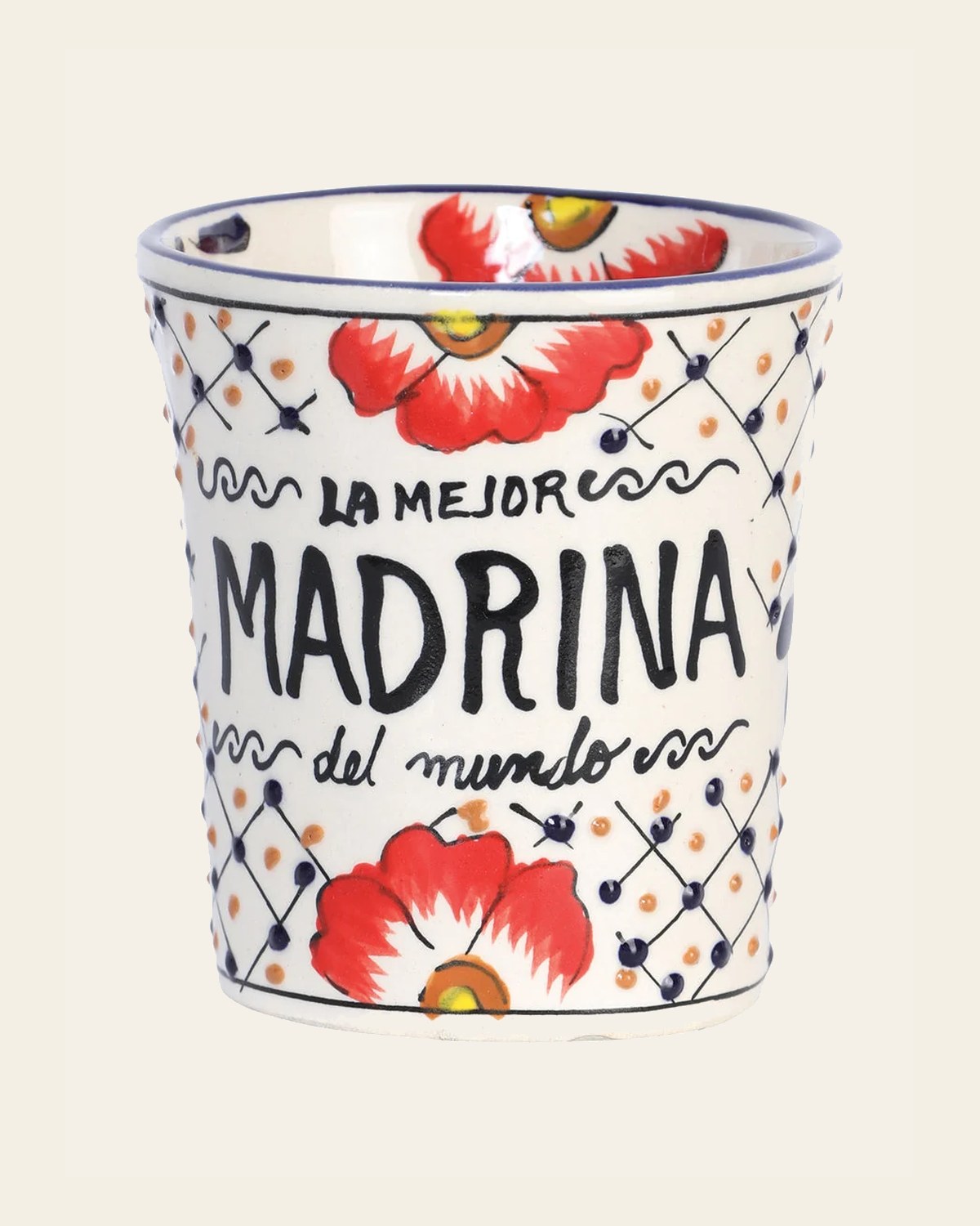 Artisanal Decorative Coffee Mug God-Mother Talavera Multicolor 601883 on a warm cream background