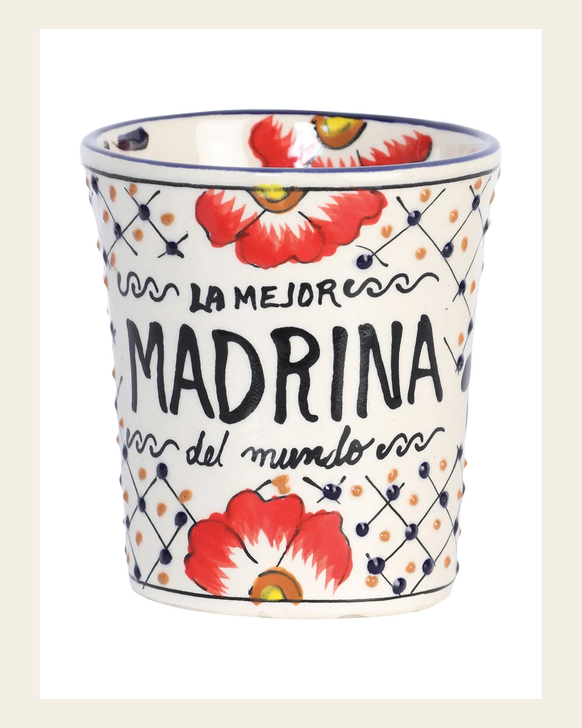 Artisanal Decorative Coffee Mug God-Mother Talavera Multicolor 601883 on a warm cream background