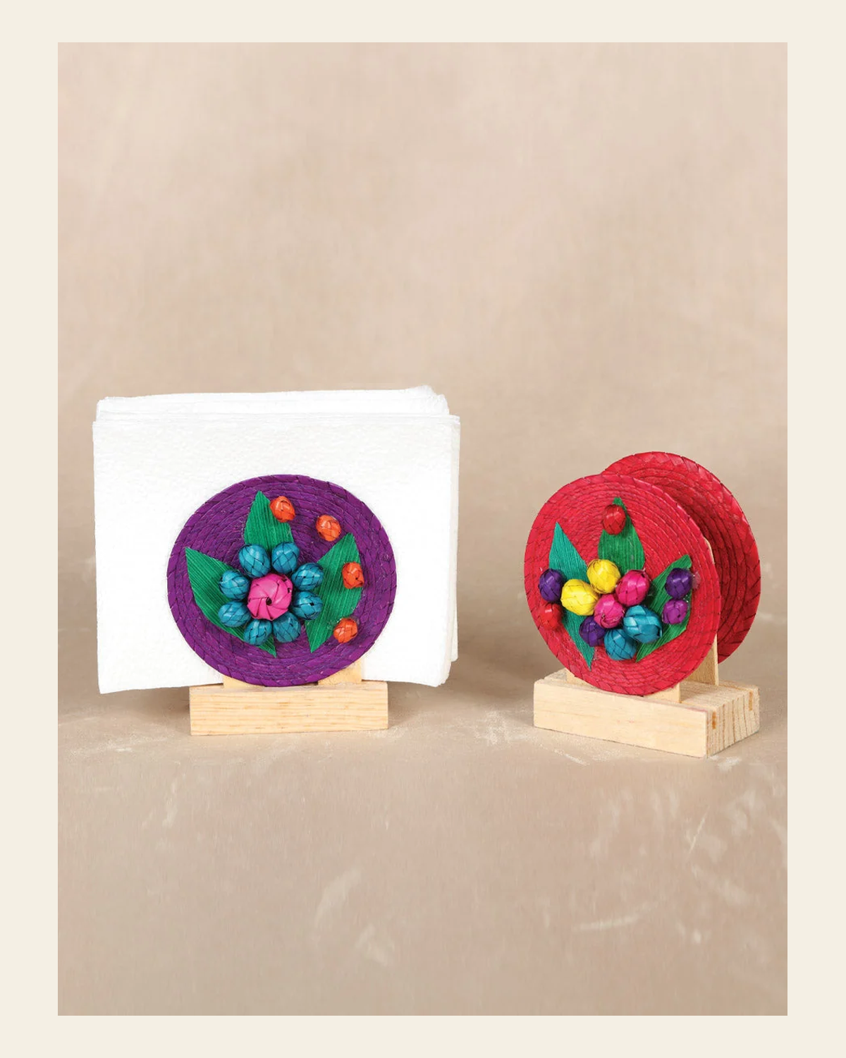 Artisanal Decorative Napkin Holder 100% Palm Leaf Multicolor 602137 on a warm cream background