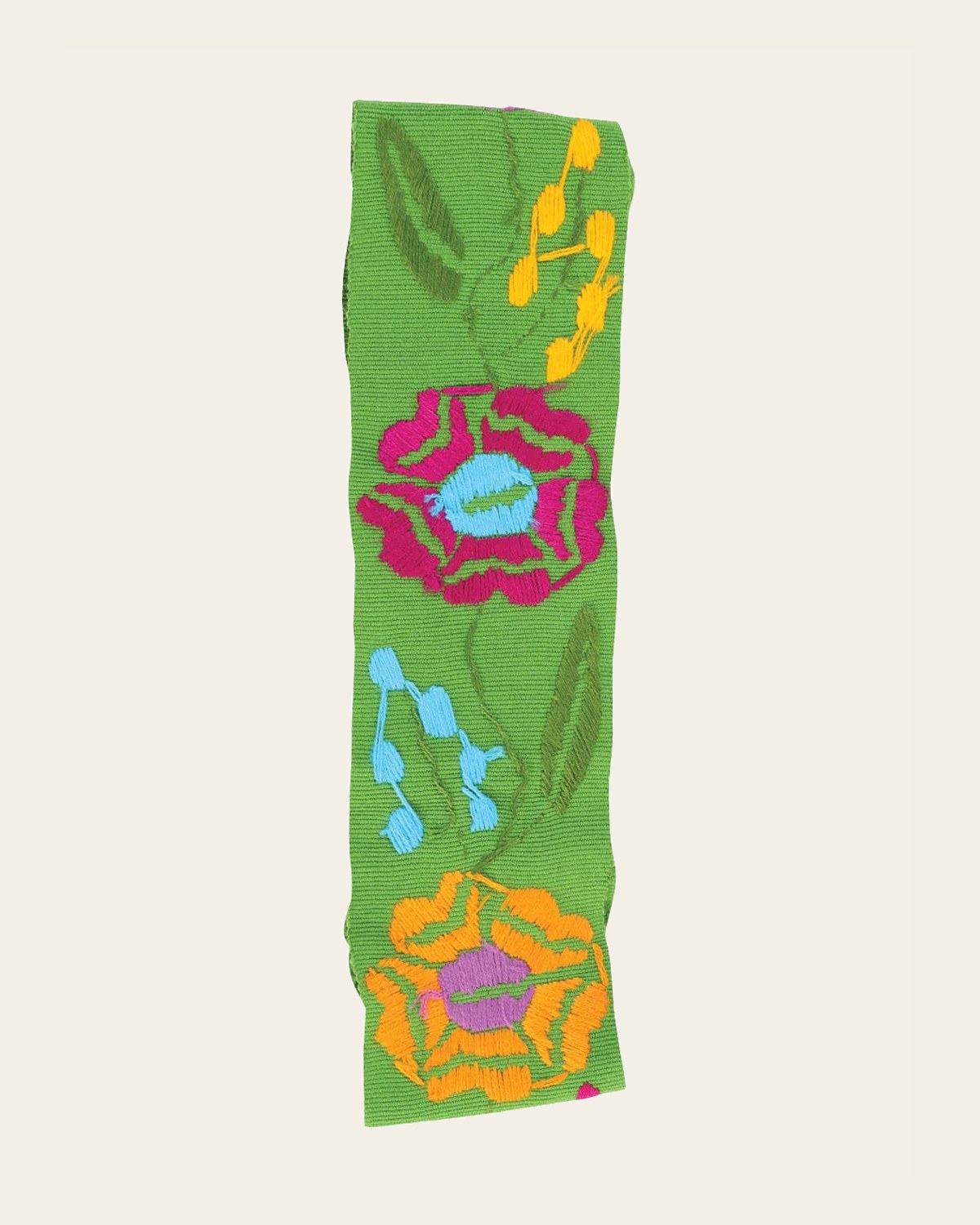Artisanal Embroidered Belt Floral 100% Acrylic Green 602264 on a warm cream background