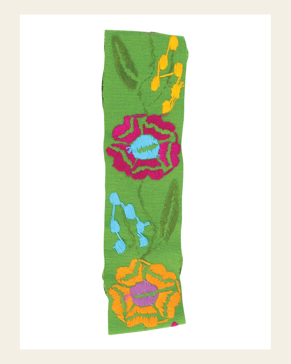 Artisanal Embroidered Belt Floral 100% Acrylic Green 602264 on a warm cream background