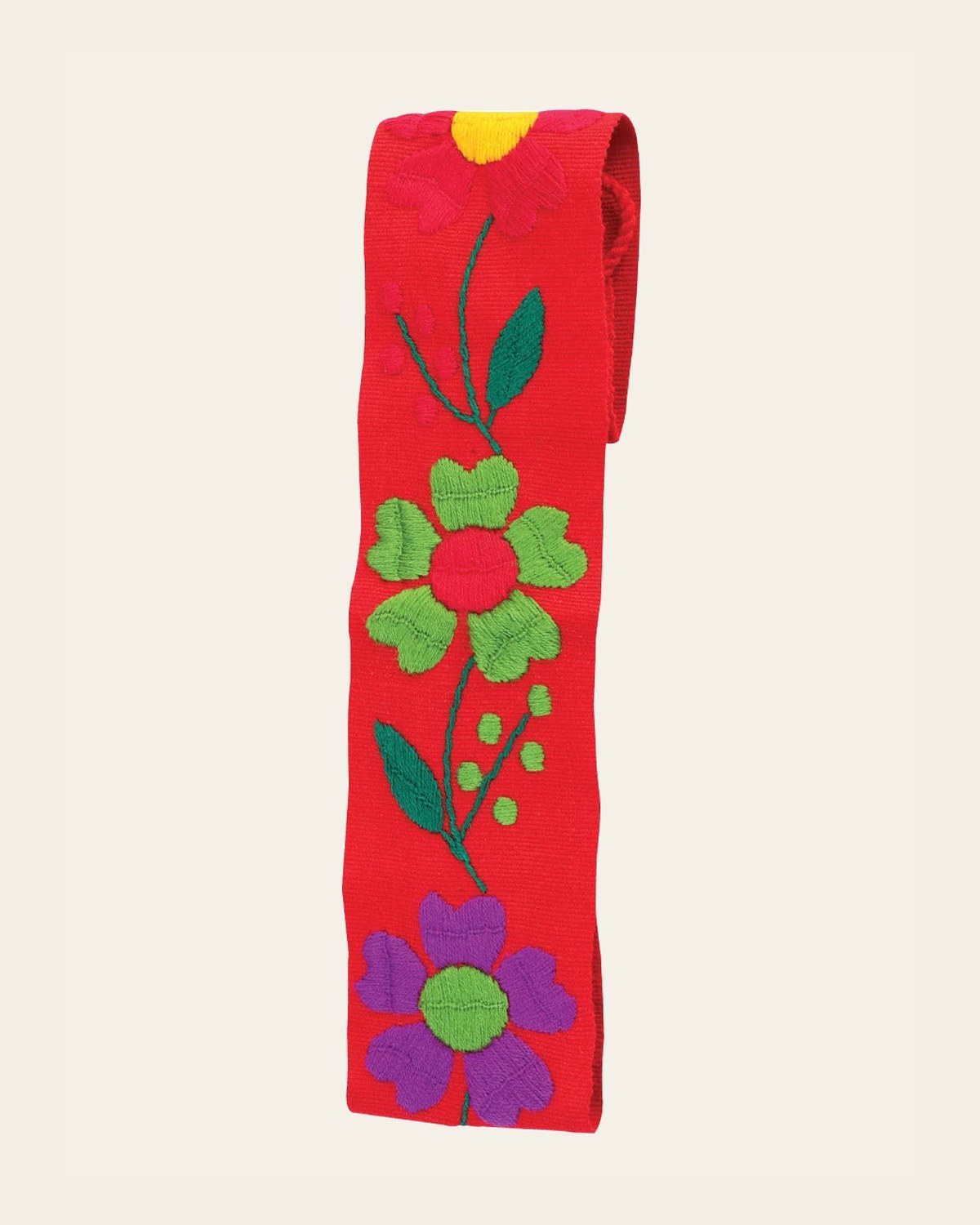 Artisanal Embroidered Belt Floral 100% Acrylic Red 602262 on a warm cream background