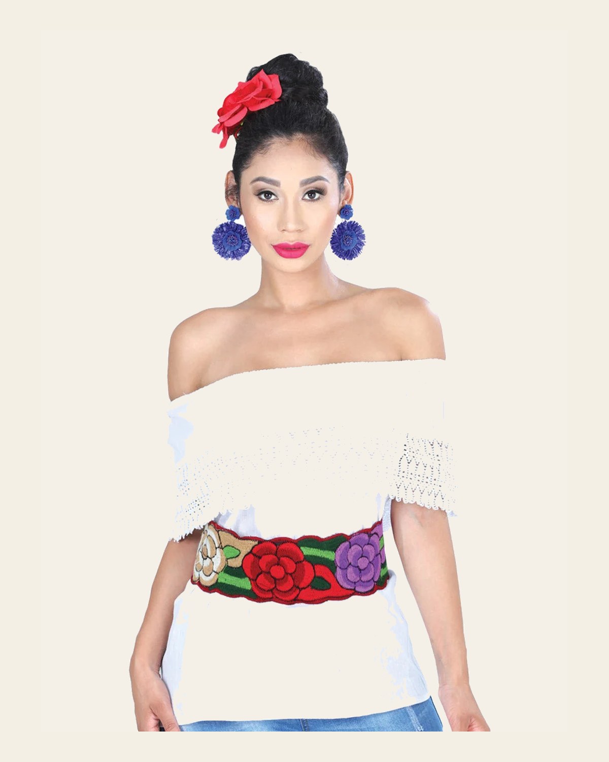 Artisanal Embroidered Belt Floral Multicolor 601443 on a warm cream background