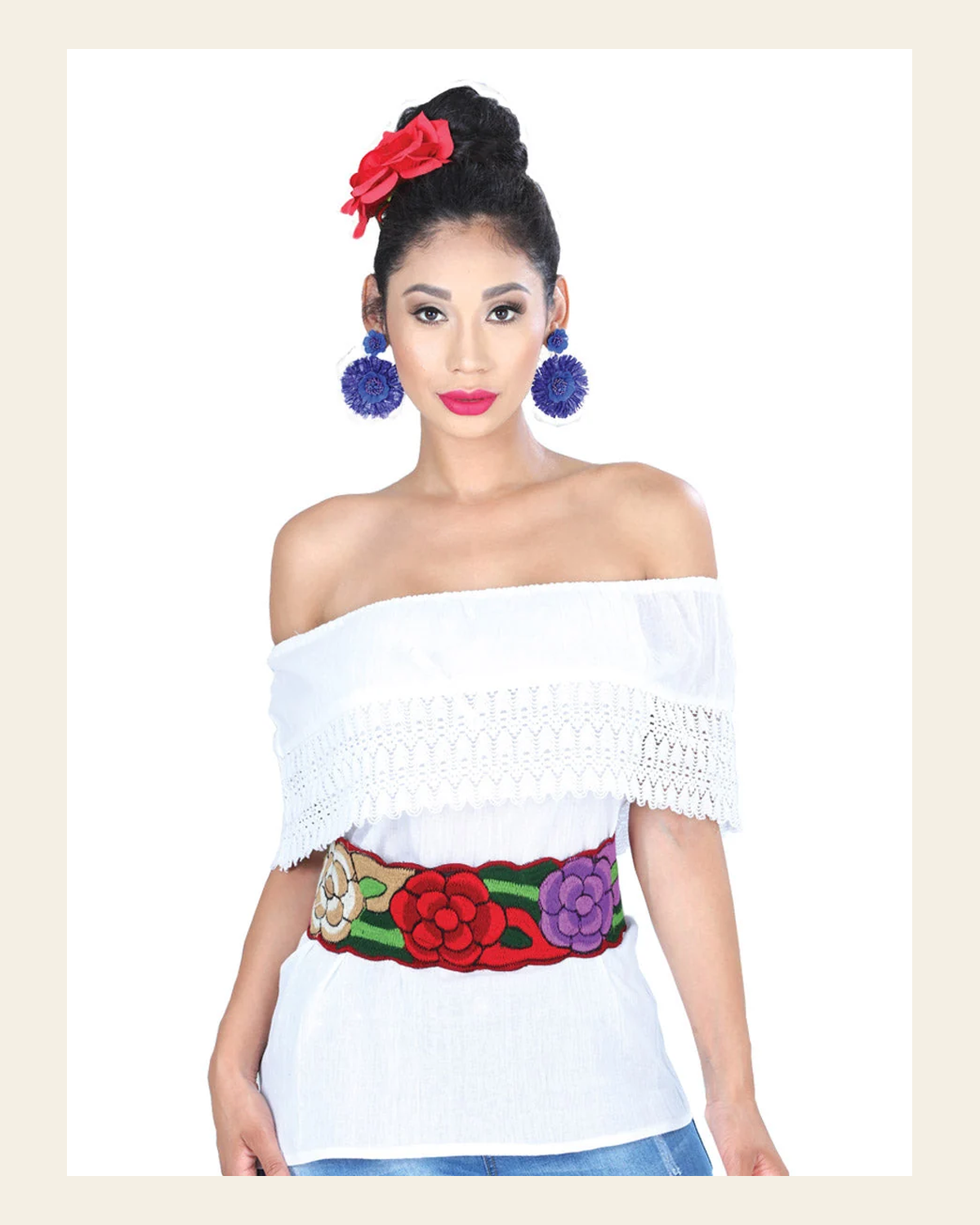 Artisanal Embroidered Belt Floral Multicolor 601443 on a warm cream background
