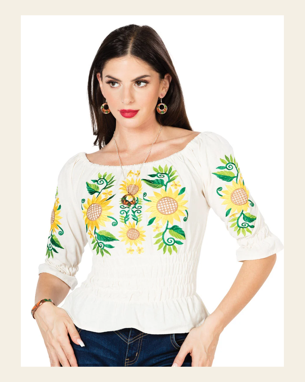 Artisanal Embroidered Blouse 100% Cotton Beige 603046 on a warm cream background