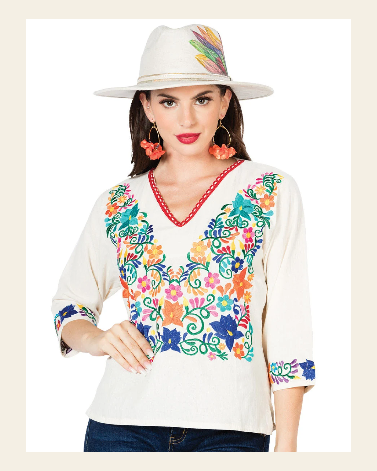 Artisanal Embroidered Blouse 100% Cotton Beige 603055 on a warm cream background