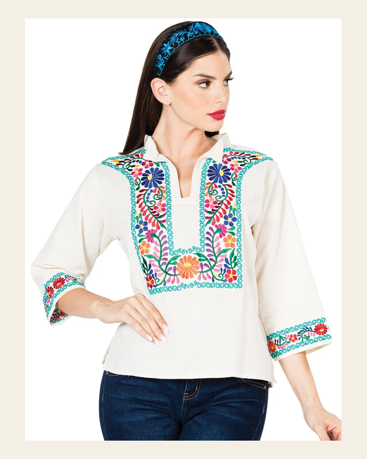 Artisanal Embroidered Blouse 100% Cotton Beige 603060 on a warm cream background