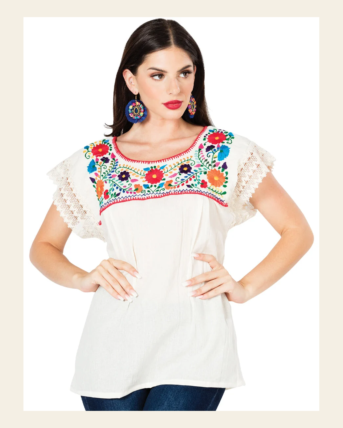 Artisanal Embroidered Blouse 100% Cotton Beige 603097 on a warm cream background