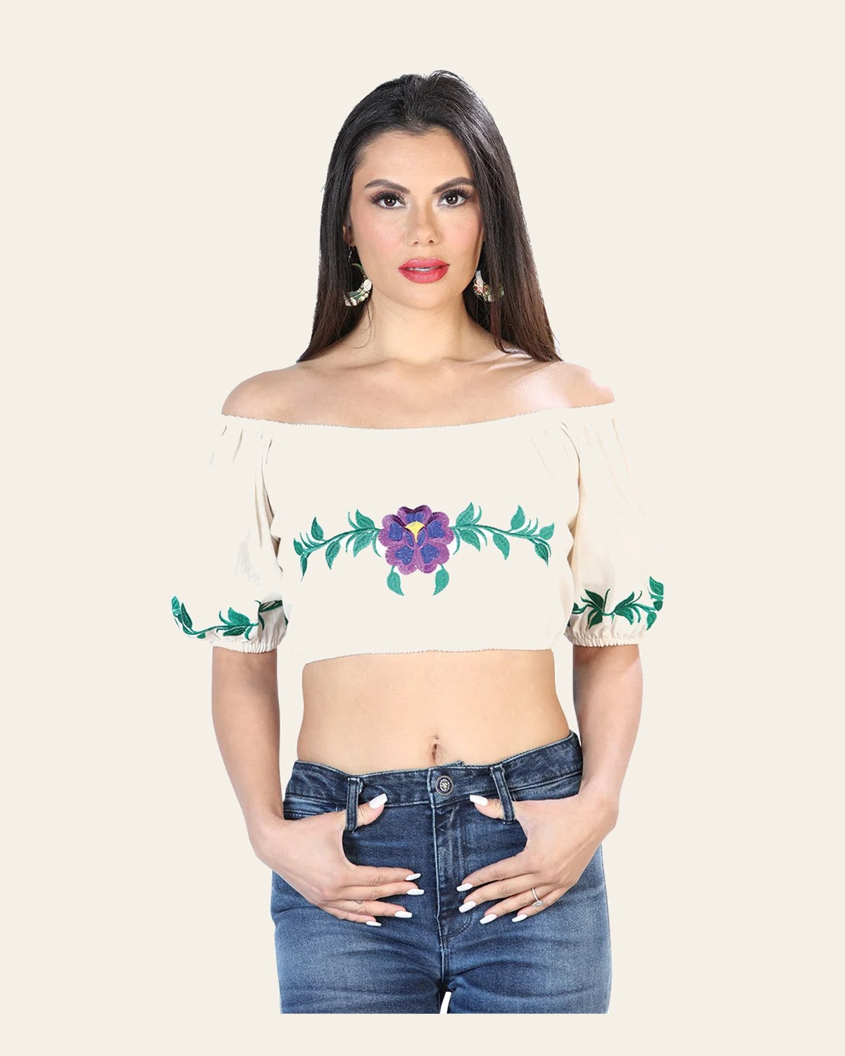Artisanal Embroidered Blouse 100% Cotton Beige 603891 on a warm cream background