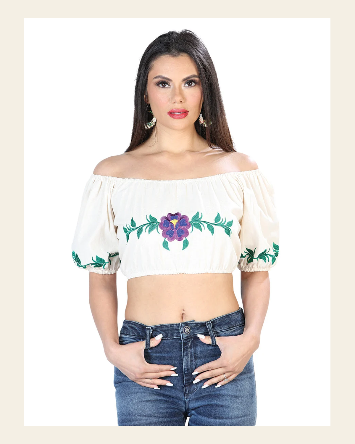 Artisanal Embroidered Blouse 100% Cotton Beige 603891 on a warm cream background