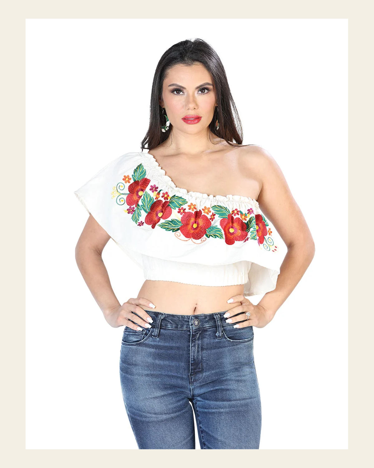 Artisanal Embroidered Blouse 100% Cotton Beige 603896 on a warm cream background
