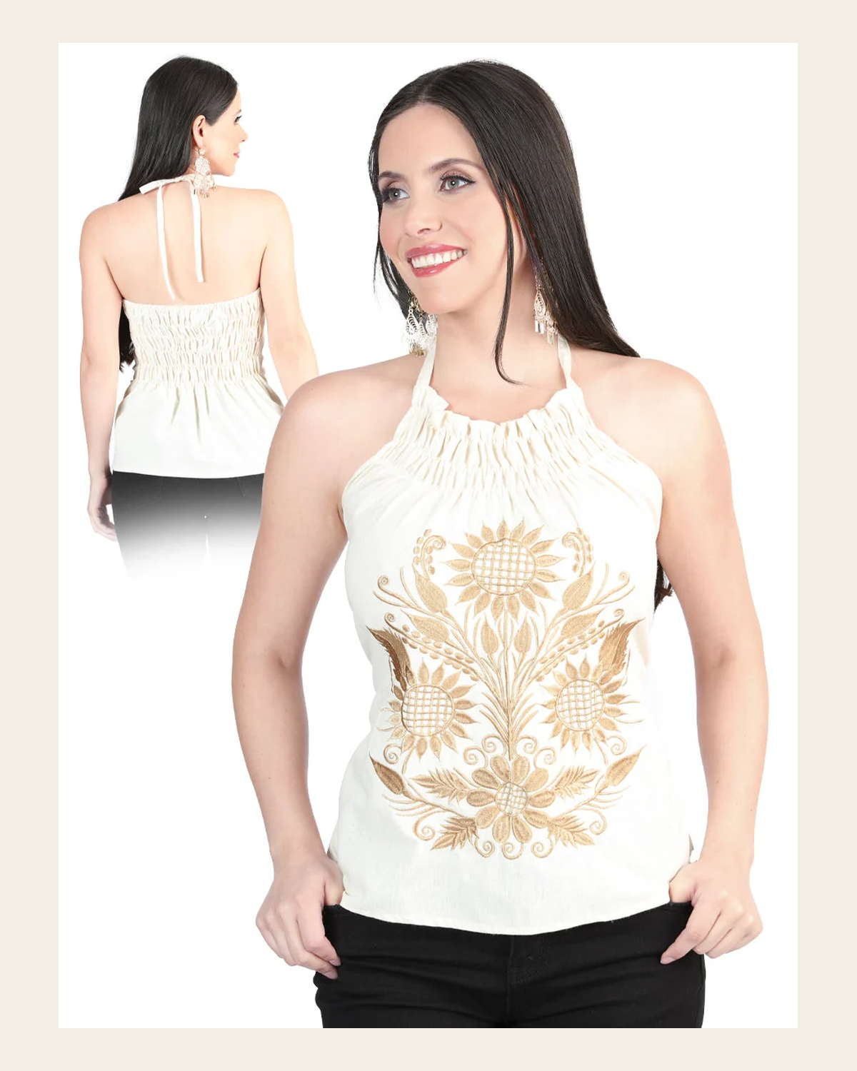 Artisanal Embroidered Blouse 100% Cotton Beige 603990 on a warm cream background