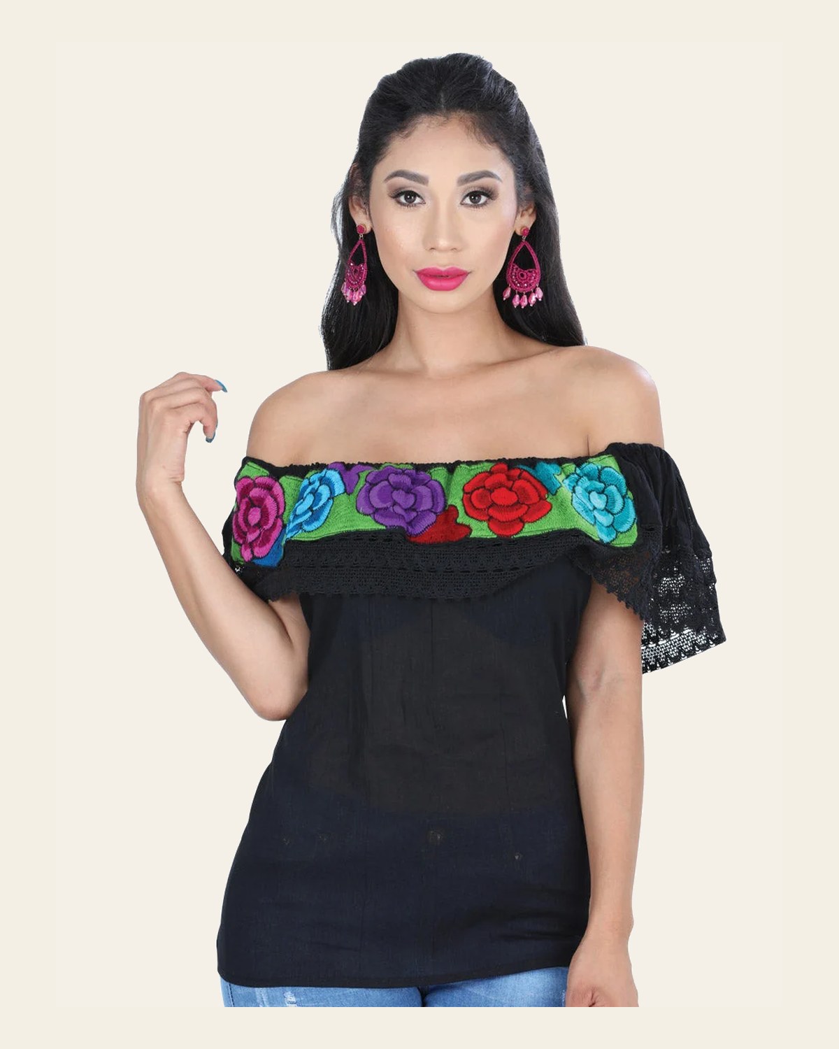 Artisanal Embroidered Blouse 100% Cotton Black 601427 on a warm cream background
