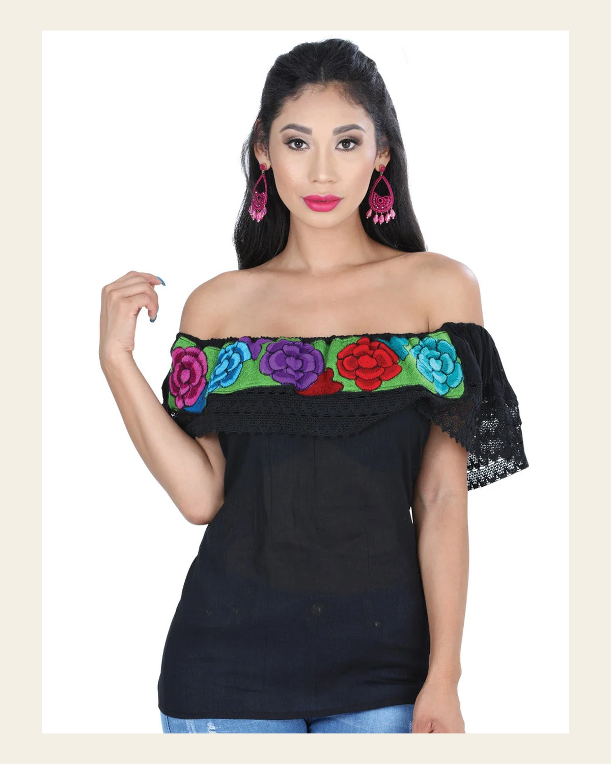 Artisanal Embroidered Blouse 100% Cotton Black 601427 on a warm cream background