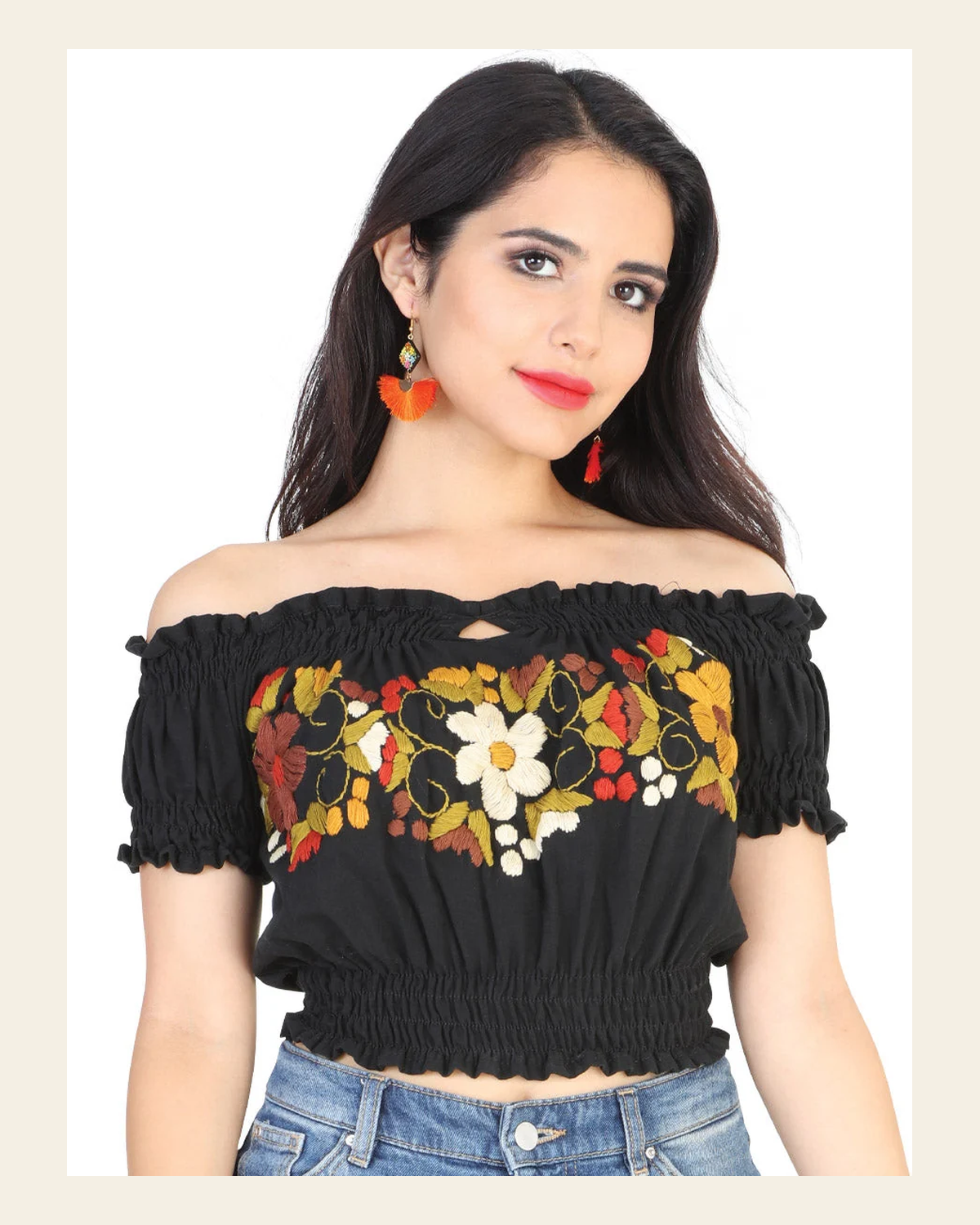 Artisanal Embroidered Blouse 100% Cotton Black 601984 on a warm cream background
