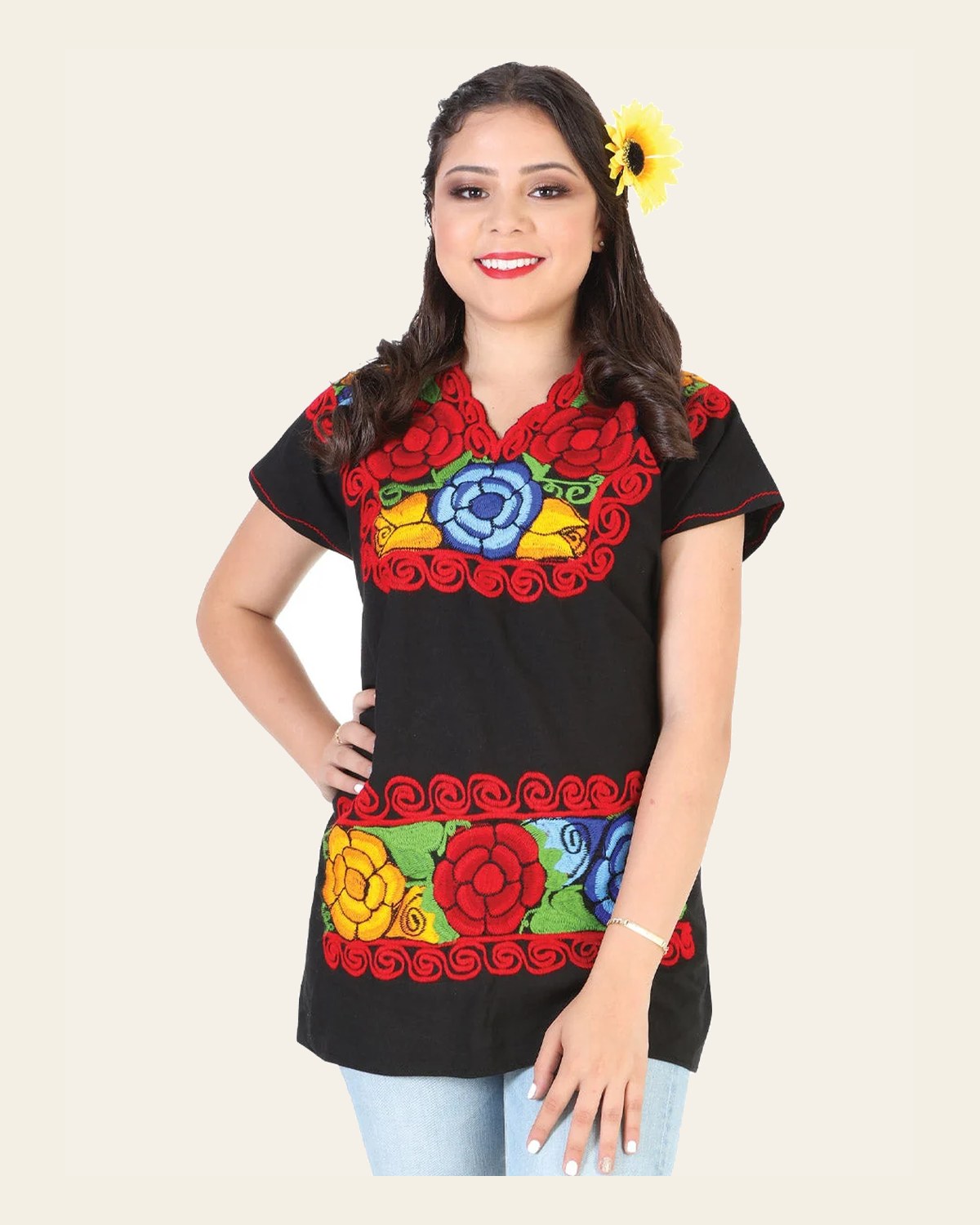 Artisanal Embroidered Blouse 100% Cotton Black 602302 on a warm cream background