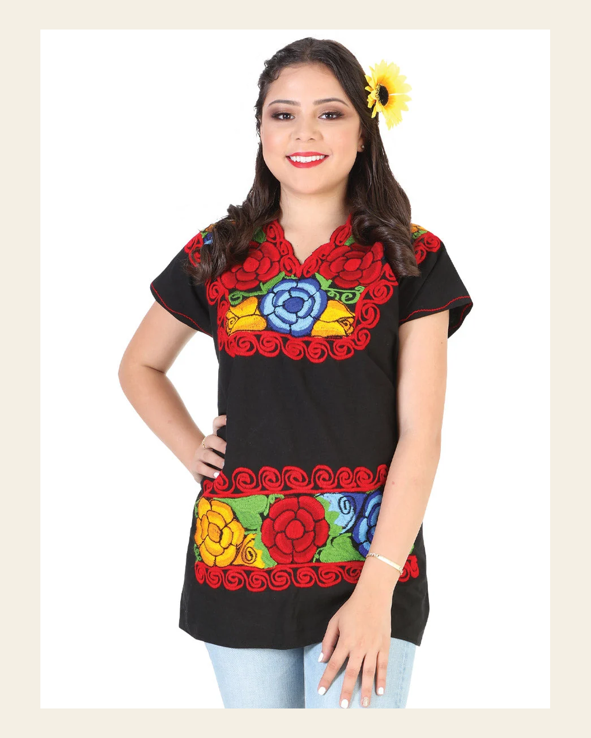 Artisanal Embroidered Blouse 100% Cotton Black 602302 on a warm cream background