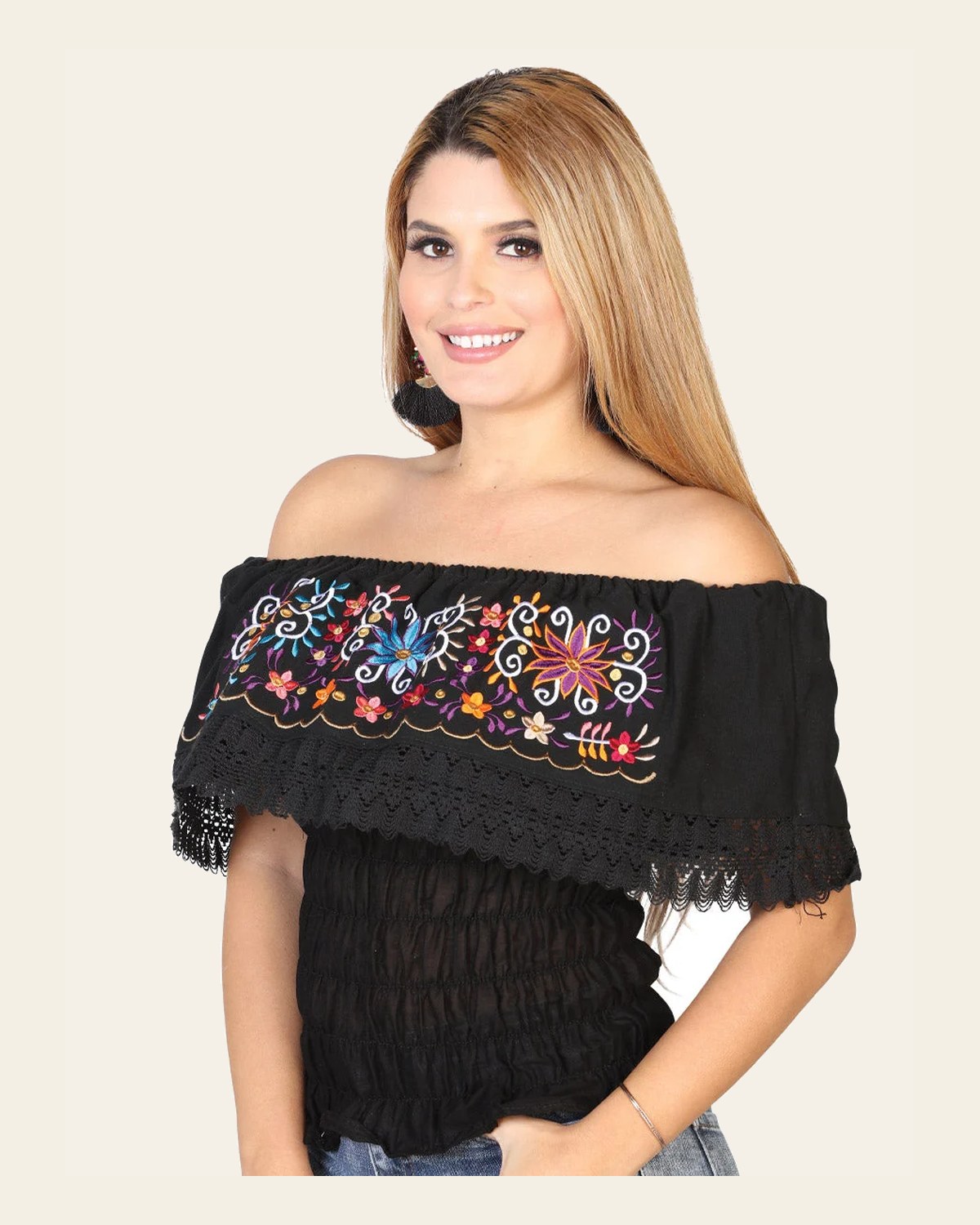 Artisanal Embroidered Blouse 100% Cotton Black 602458 on a warm cream background
