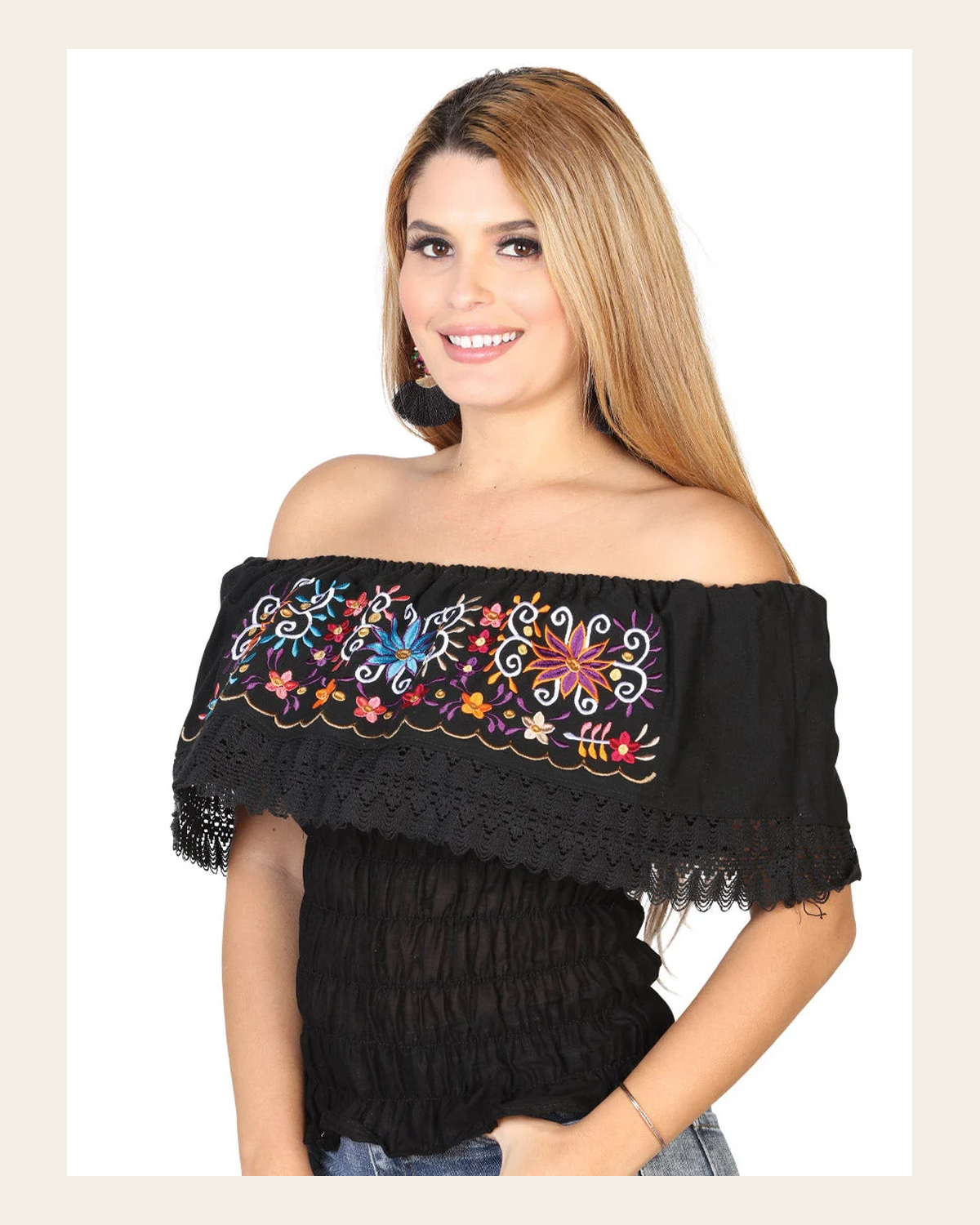 Artisanal Embroidered Blouse 100% Cotton Black 602458 on a warm cream background