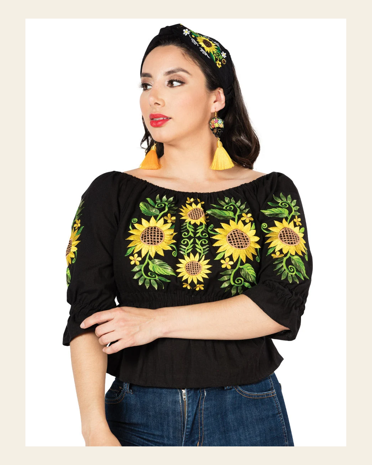 Artisanal Embroidered Blouse 100% Cotton Black 603047 on a warm cream background