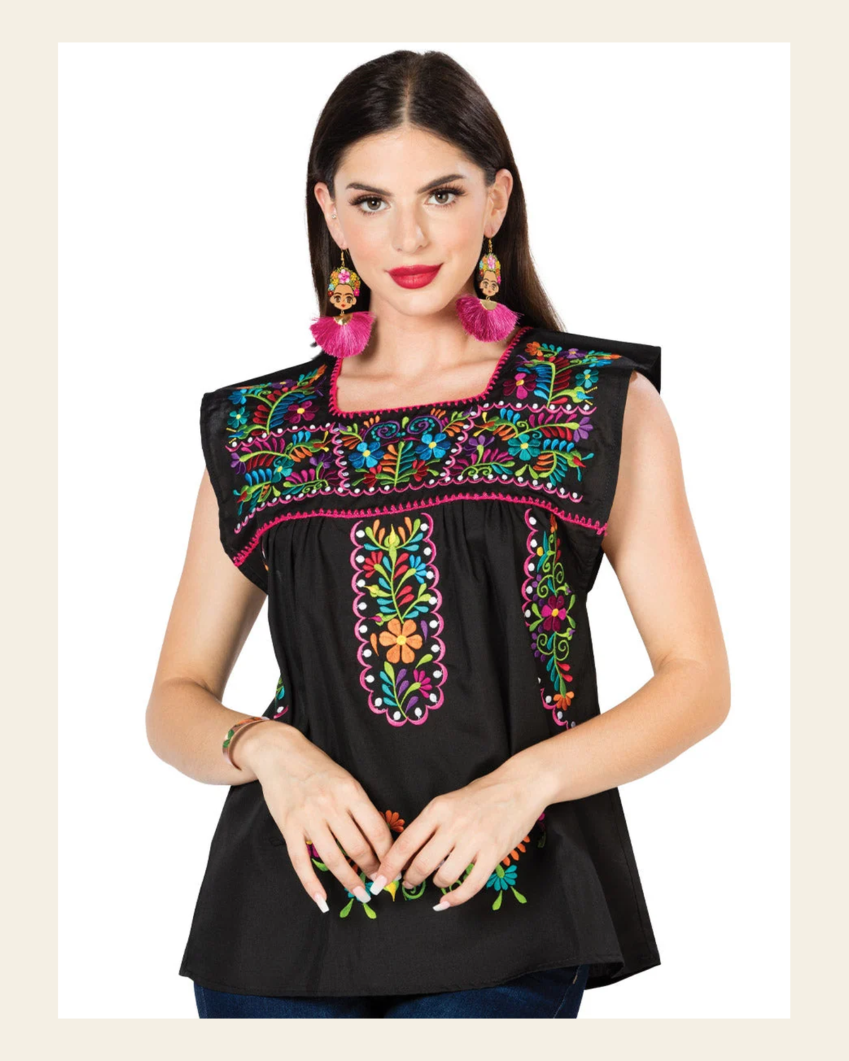 Artisanal Embroidered Blouse 100% Cotton Black 603048 on a warm cream background