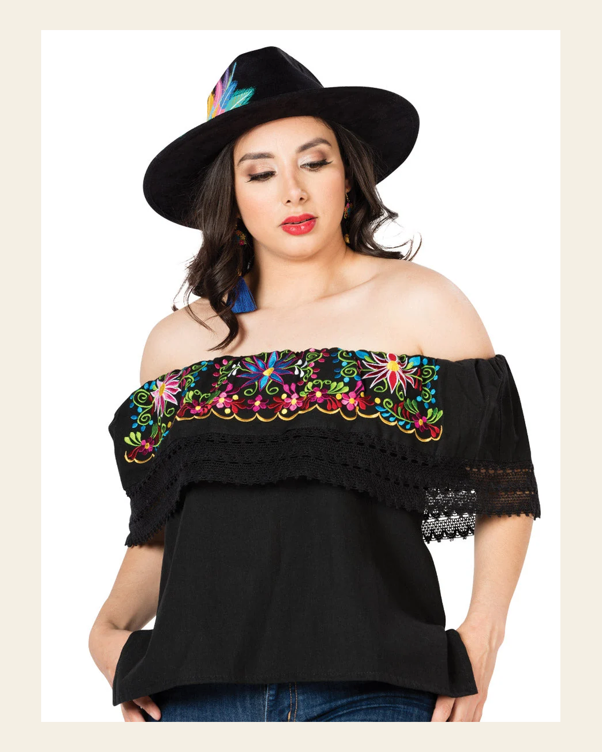 Artisanal Embroidered Blouse 100% Cotton Black 603053 on a warm cream background