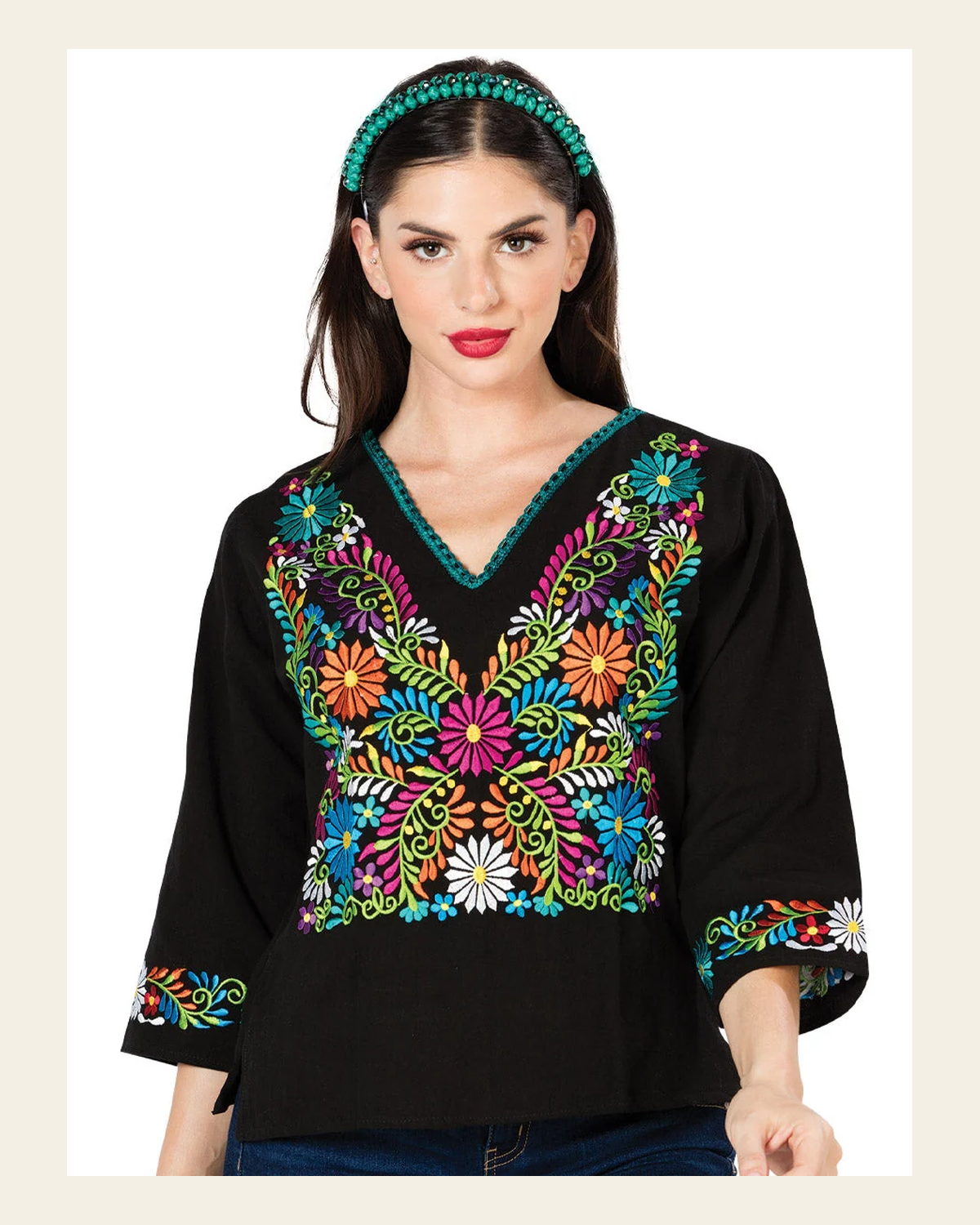 Artisanal Embroidered Blouse 100% Cotton Black 603054 on a warm cream background