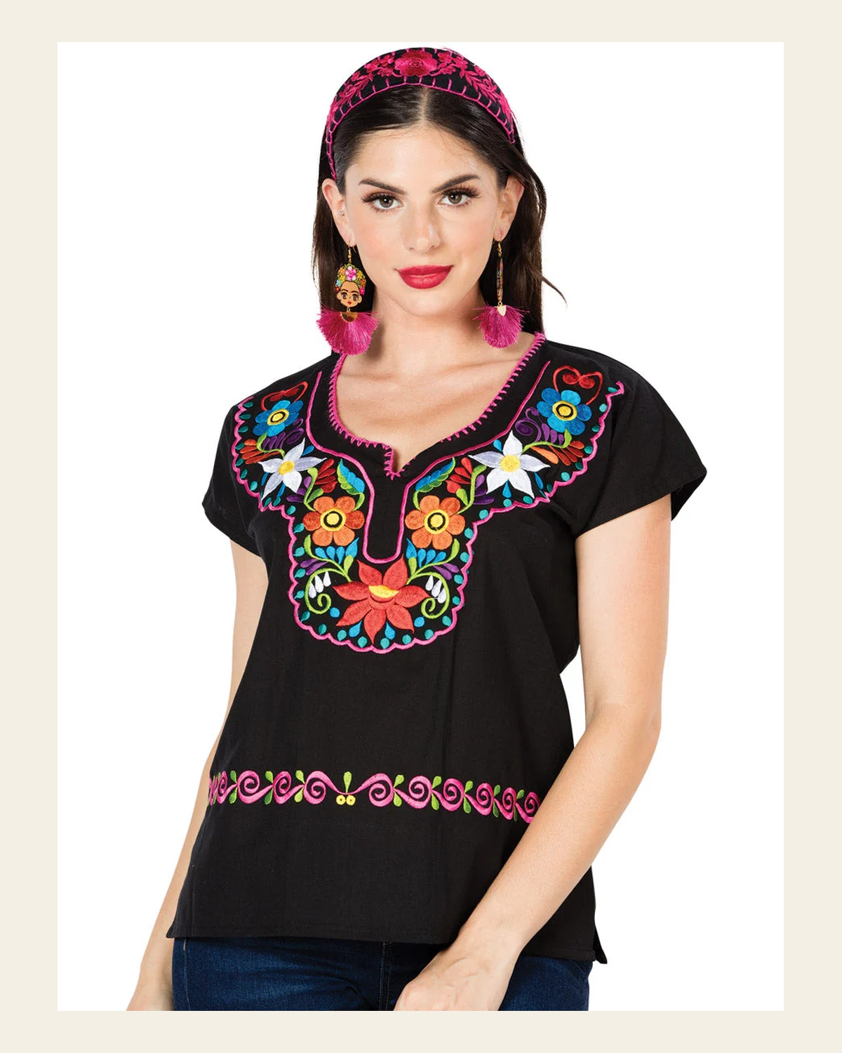 Artisanal Embroidered Blouse 100% Cotton Black 603058 on a warm cream background