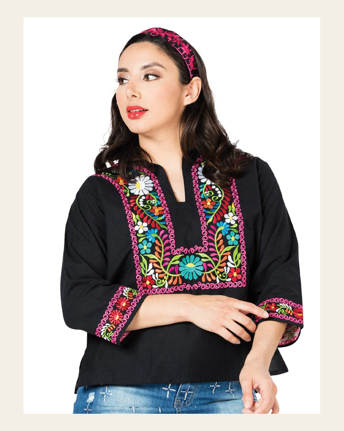 Artisanal Embroidered Blouse 100% Cotton Black 603059 on a warm cream background