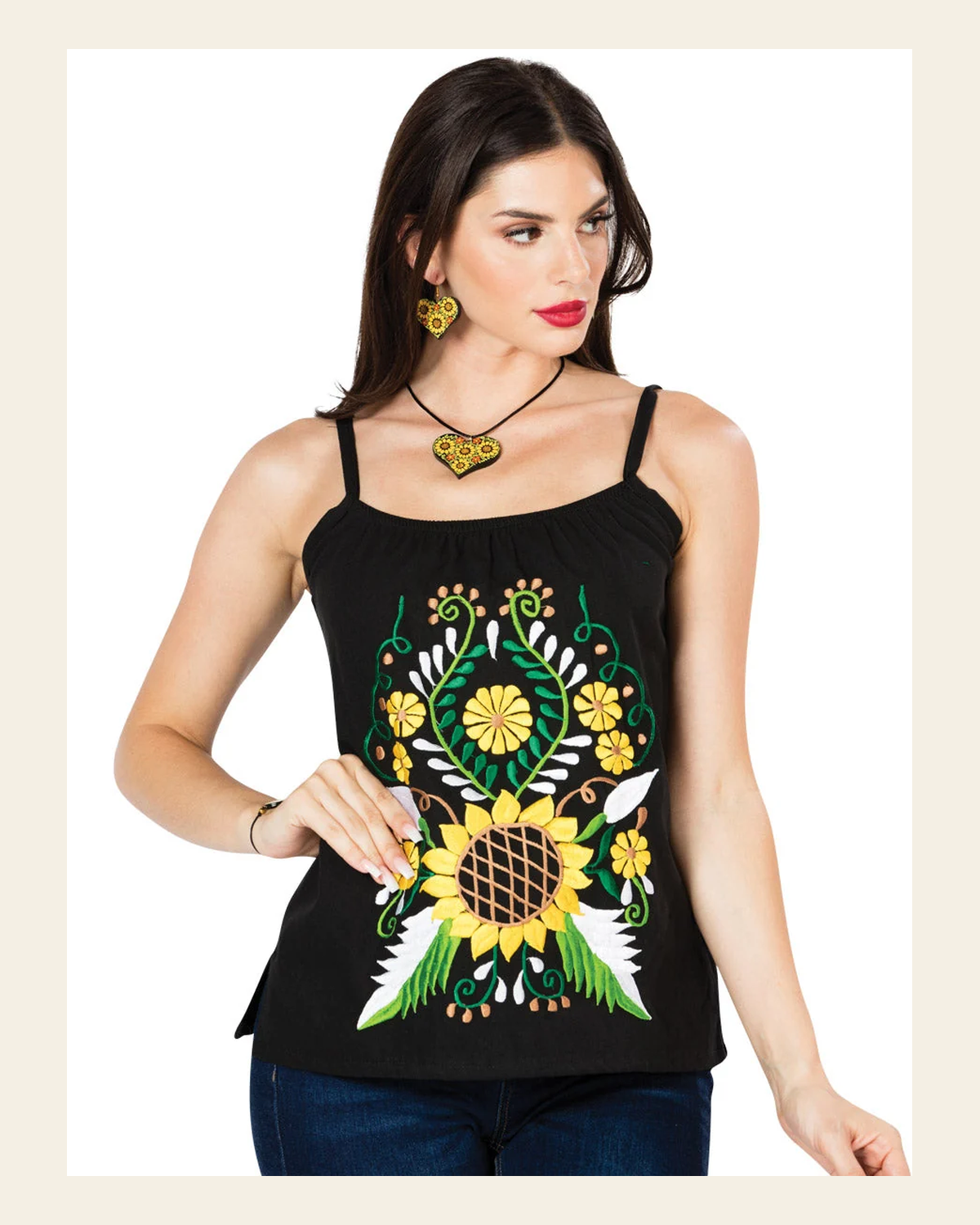 Artisanal Embroidered Blouse 100% Cotton Black 603070 on a warm cream background