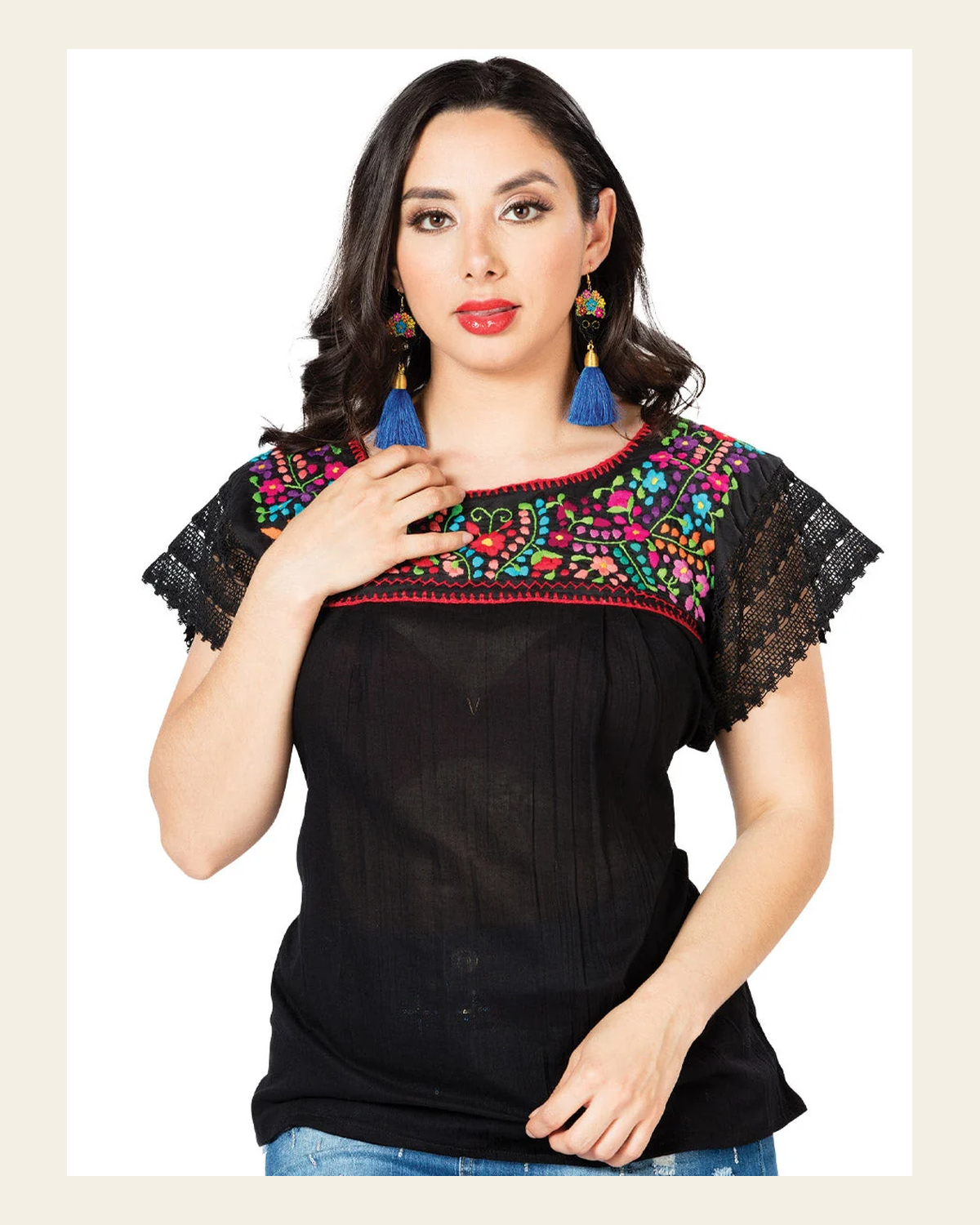 Artisanal Embroidered Blouse 100% Cotton Black 603098 on a warm cream background