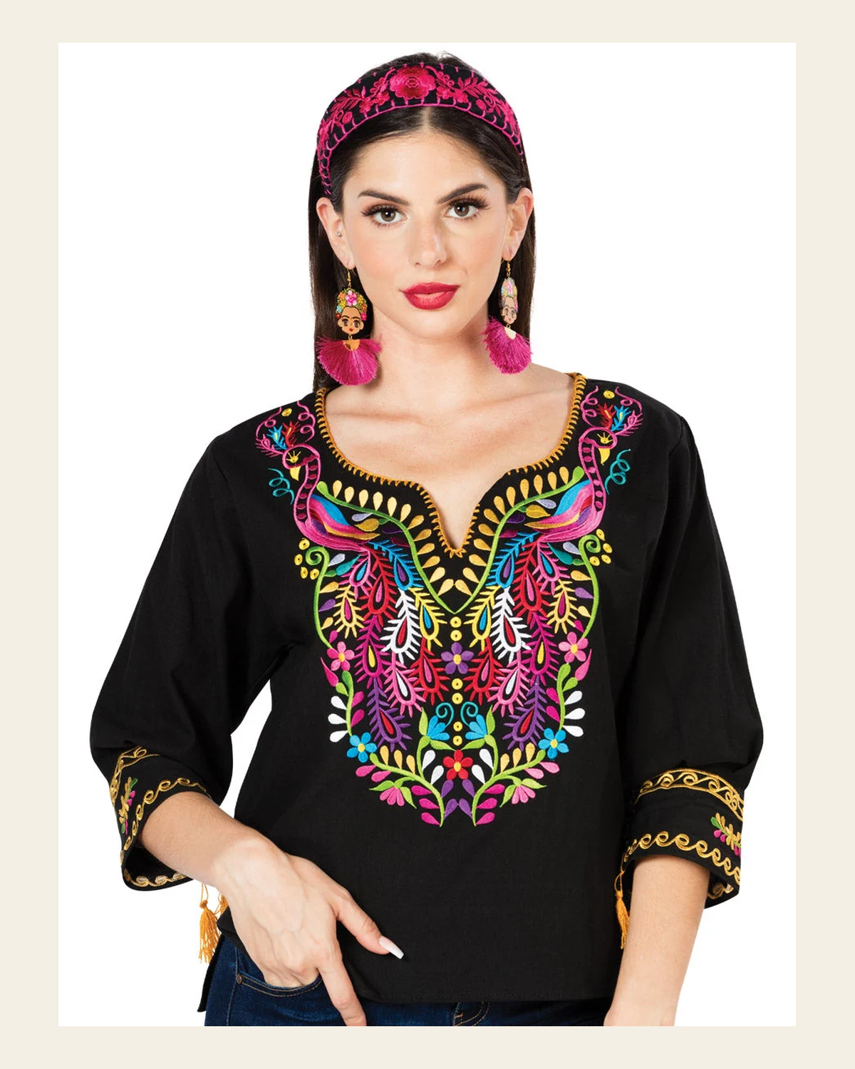 Artisanal Embroidered Blouse 100% Cotton Black 603179 on a warm cream background