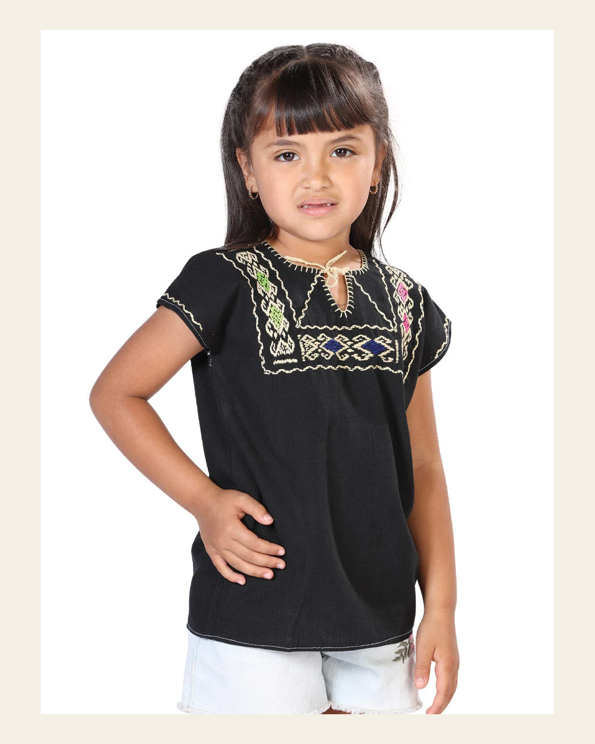 Artisanal Embroidered Blouse 100% Cotton Black 603596 on a warm cream background
