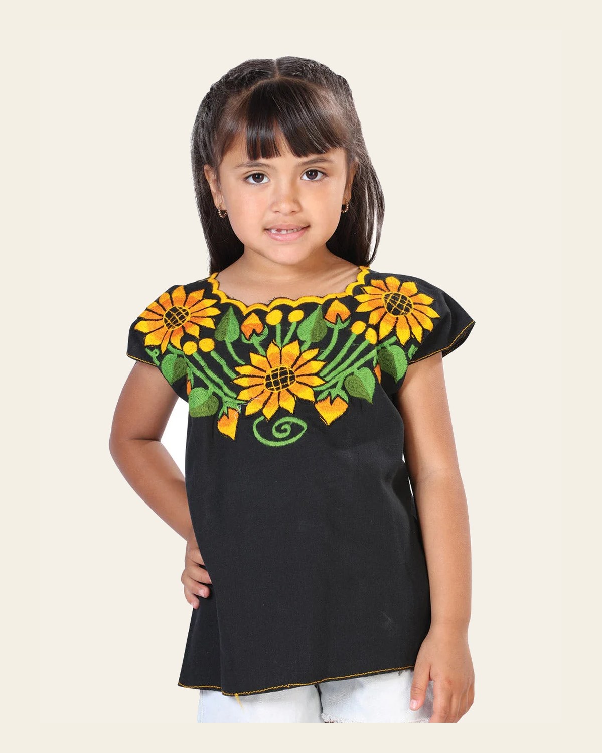 Artisanal Embroidered Blouse 100% Cotton Black 603599 on a warm cream background