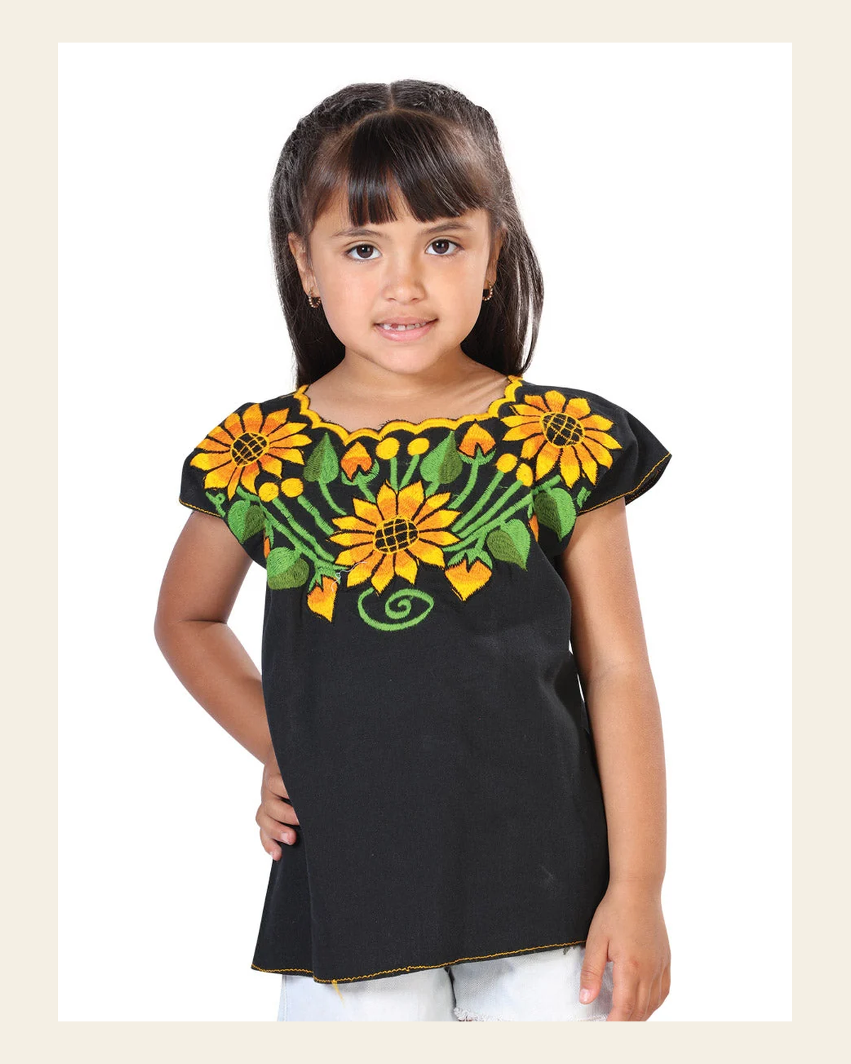 Artisanal Embroidered Blouse 100% Cotton Black 603599 on a warm cream background