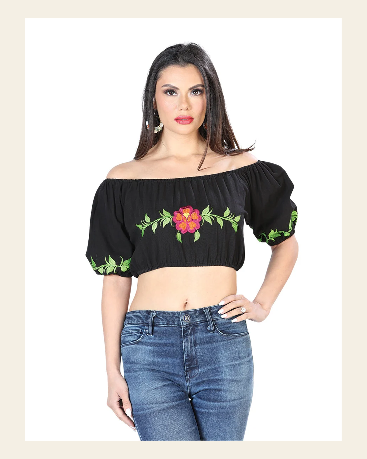 Artisanal Embroidered Blouse 100% Cotton Black 603892 on a warm cream background