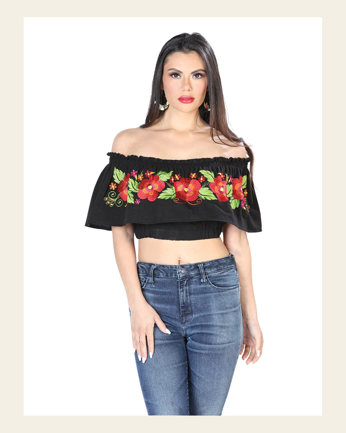 Artisanal Embroidered Blouse 100% Cotton Black 603894 on a warm cream background