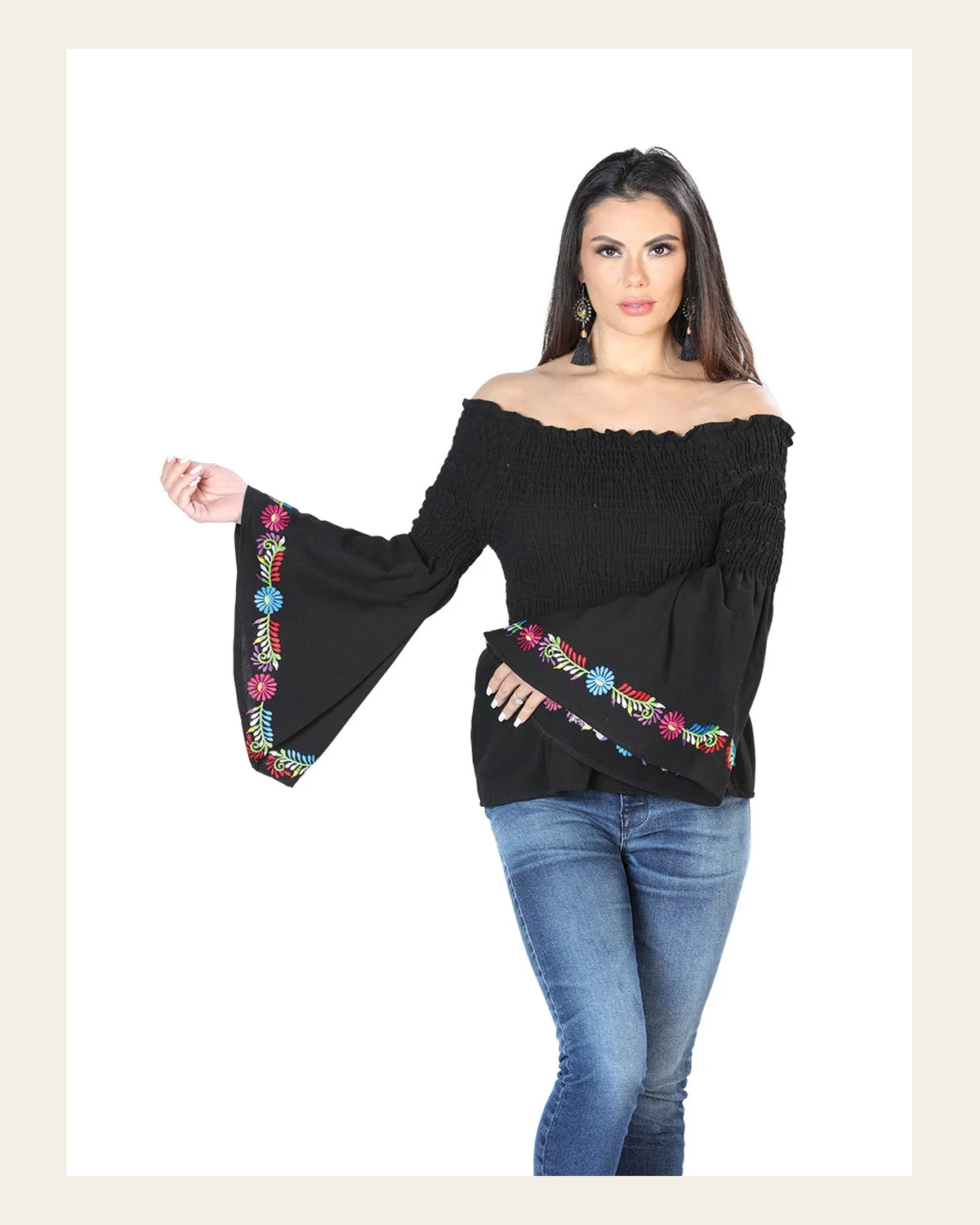 Artisanal Embroidered Blouse 100% Cotton Black 603897 on a warm cream background
