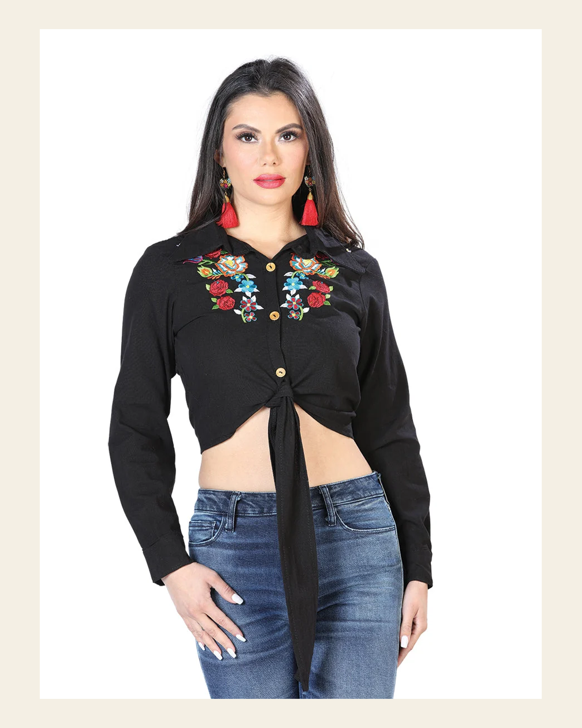 Artisanal Embroidered Blouse 100% Cotton Black 603907 on a warm cream background