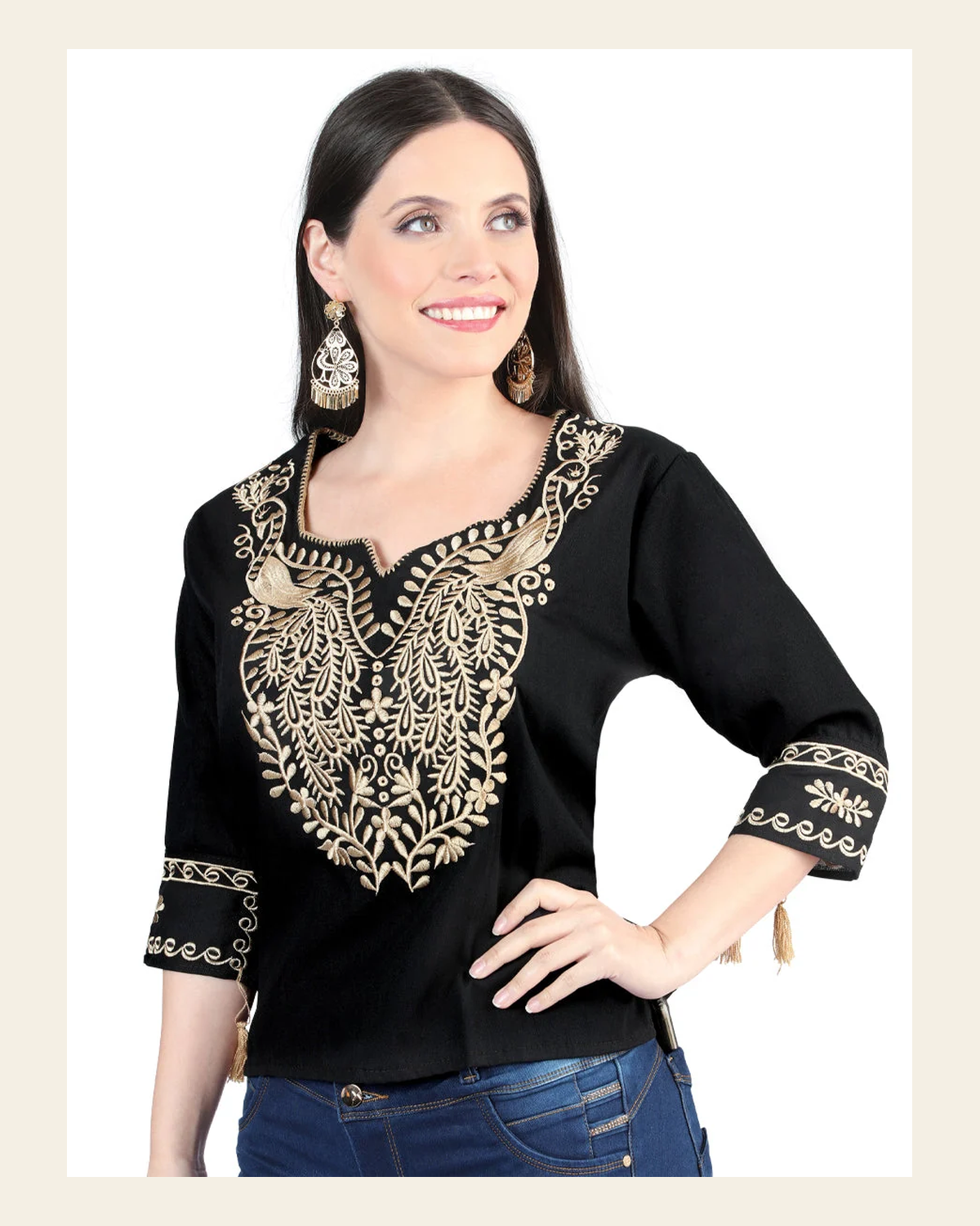 Artisanal Embroidered Blouse 100% Cotton Black 603960 on a warm cream background