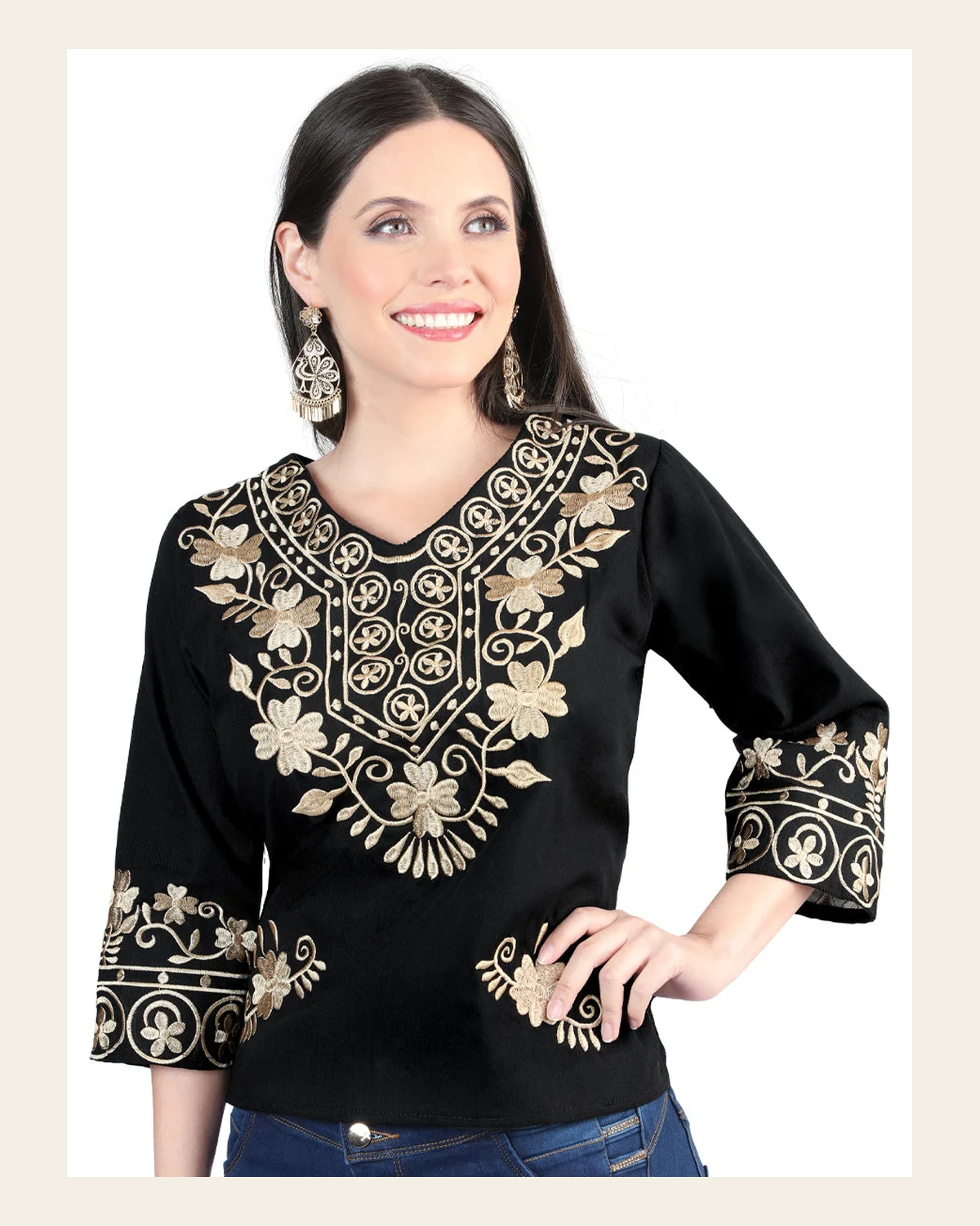 Artisanal Embroidered Blouse 100% Cotton Black 603962 on a warm cream background