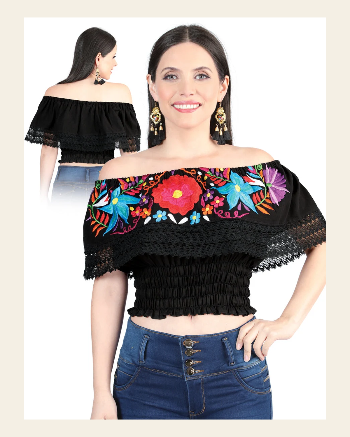 Artisanal Embroidered Blouse 100% Cotton Black 603982 on a warm cream background