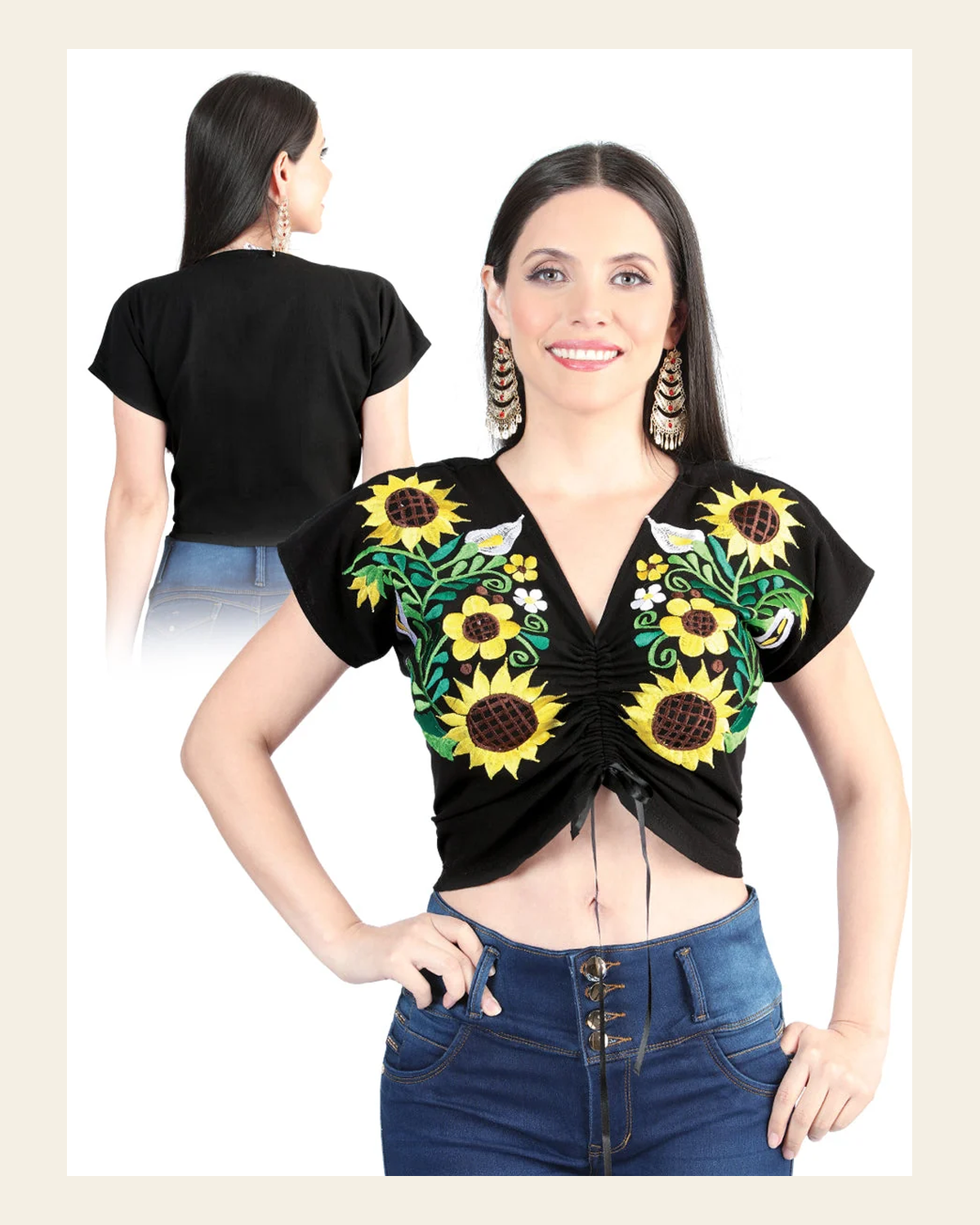 Artisanal Embroidered Blouse 100% Cotton Black 603986 on a warm cream background