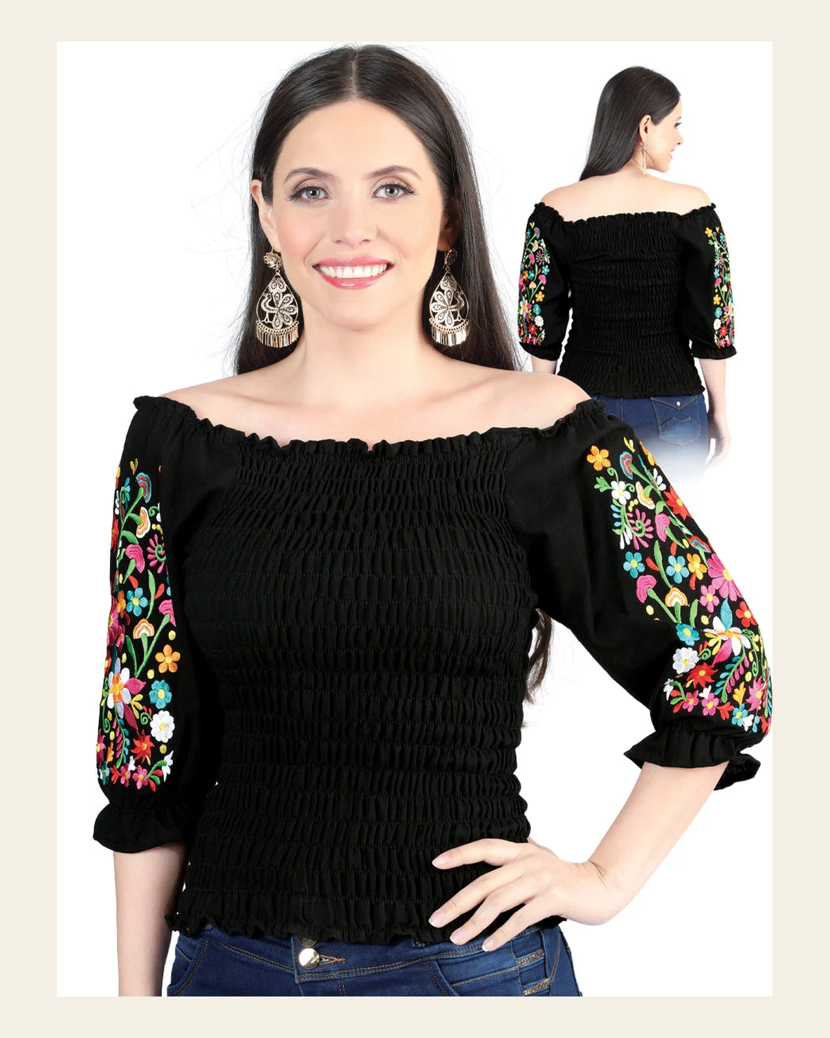 Artisanal Embroidered Blouse 100% Cotton Black 604012 on a warm cream background