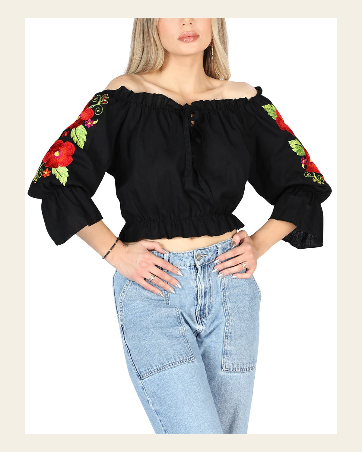 Artisanal Embroidered Blouse 100% Cotton Black 604050 on a warm cream background