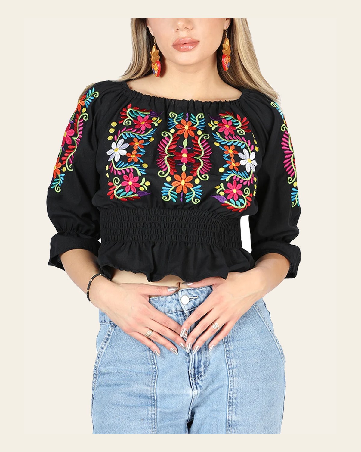 Artisanal Embroidered Blouse 100% Cotton Black 604051 on a warm cream background