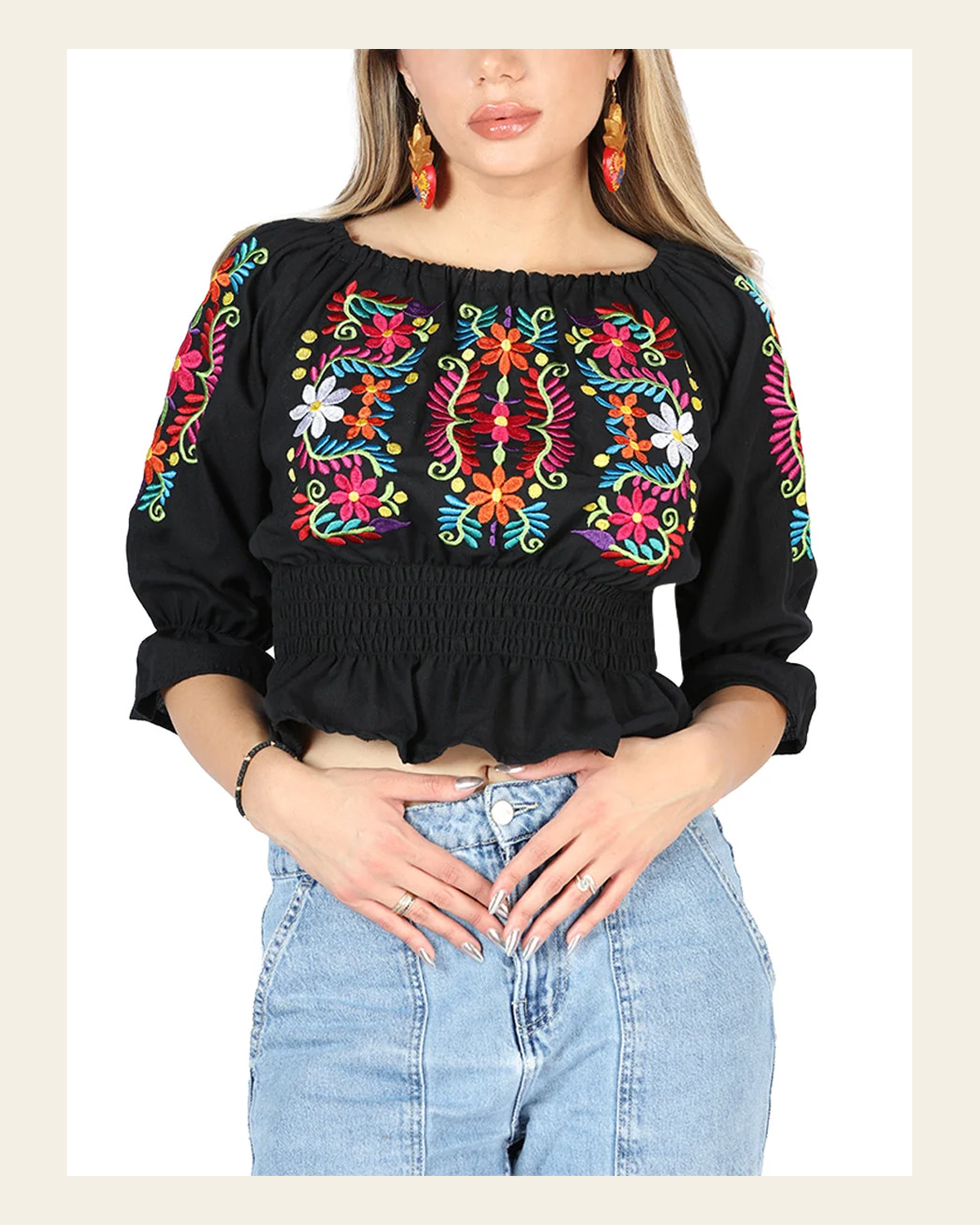 Artisanal Embroidered Blouse 100% Cotton Black 604051 on a warm cream background