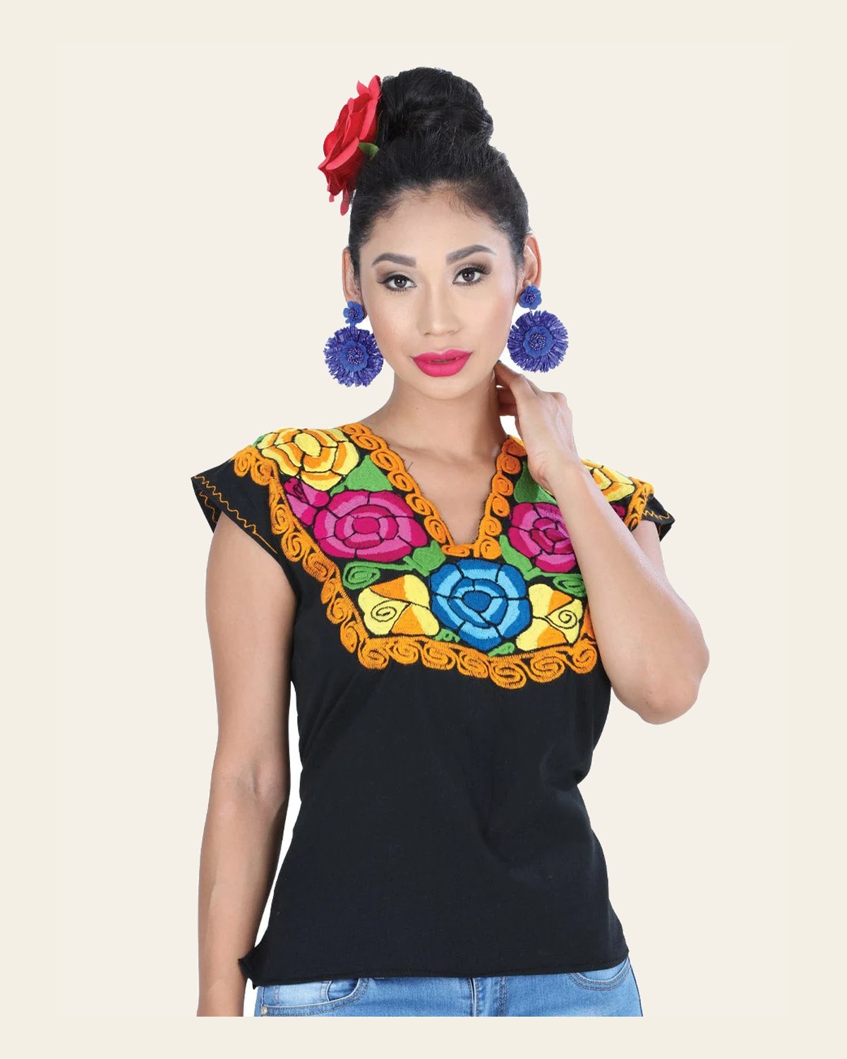 Artisanal Embroidered Blouse 100% Cotton Black/Orange 601404 on a warm cream background