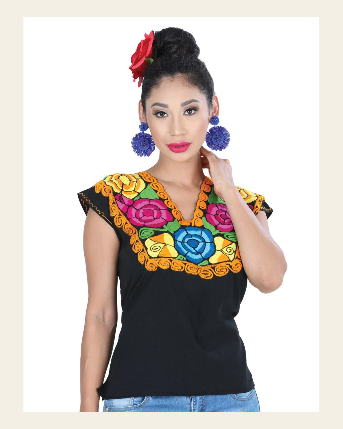 Artisanal Embroidered Blouse 100% Cotton Black/Orange 601404 on a warm cream background