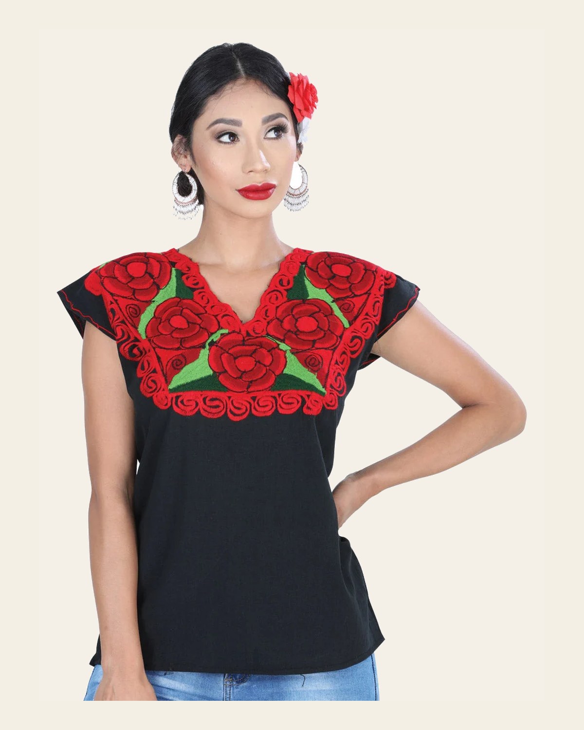 Artisanal Embroidered Blouse 100% Cotton Black/Red 601409 on a warm cream background